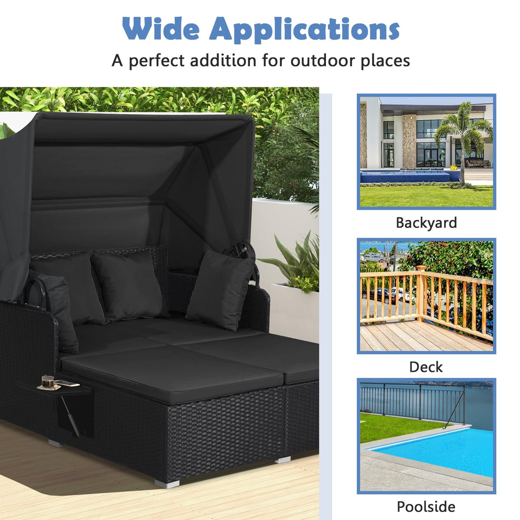 Tangkula Patio Rattan Daybed with Retractable Canopy, Outdoor Wicker Sunbed Lounger with 2 Foldable Side Tables, Thick Seat & Back Cushions, Outside Double Daybed for Garden, Backyard, Porch