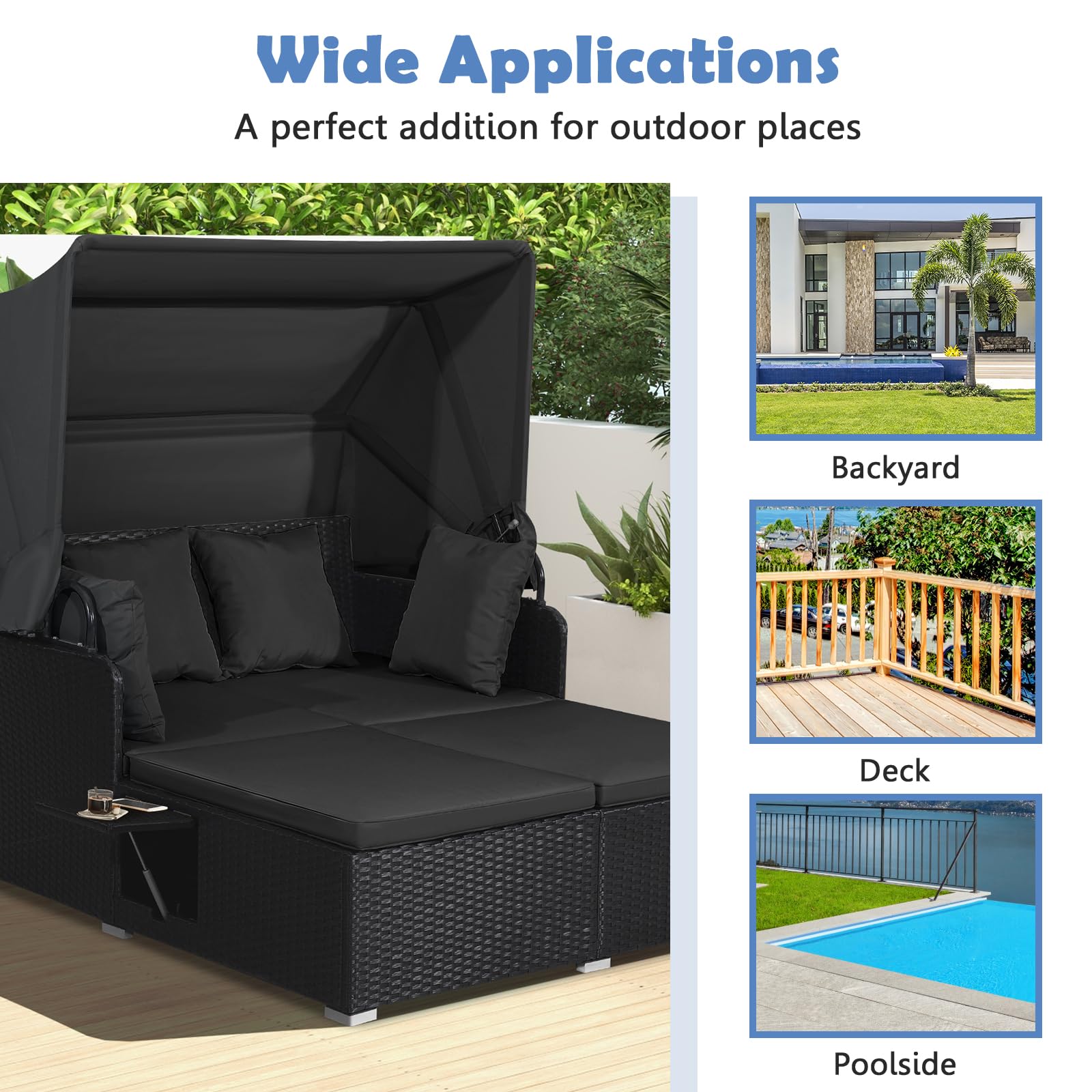 Tangkula Patio Rattan Daybed with Retractable Canopy, Outdoor Wicker Sunbed Lounger with 2 Foldable Side Tables, Thick Seat & Back Cushions, Outside Double Daybed for Garden, Backyard, Porch