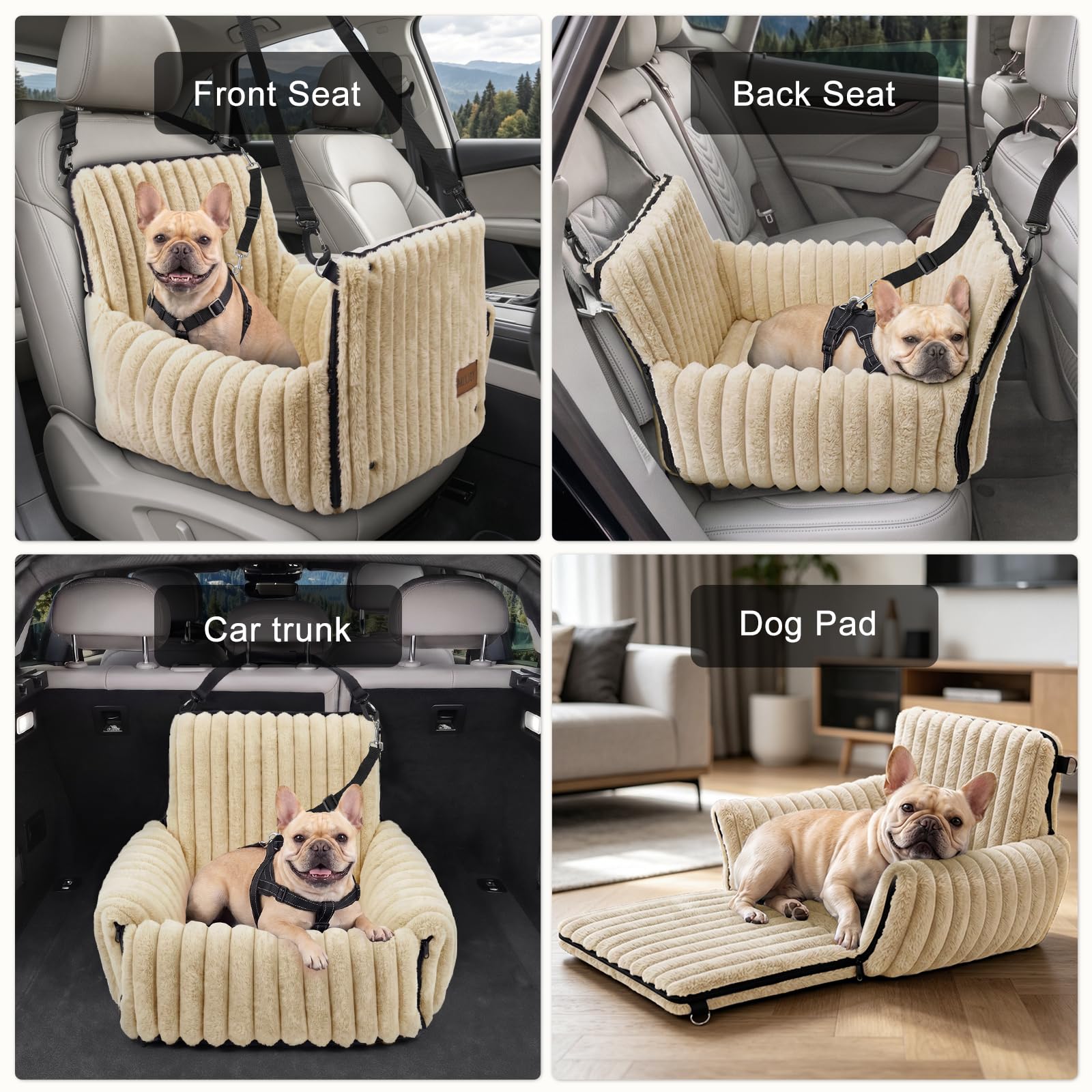 MIXJOY 6-in-1 Dog Car Seat for Small/Medium Dogs up to 25 lbs, Multi-Functional Dog Carrier for Car with Detachable Washable Cover, Pet Travel Bed with Clip-On Safety Leash, Beige