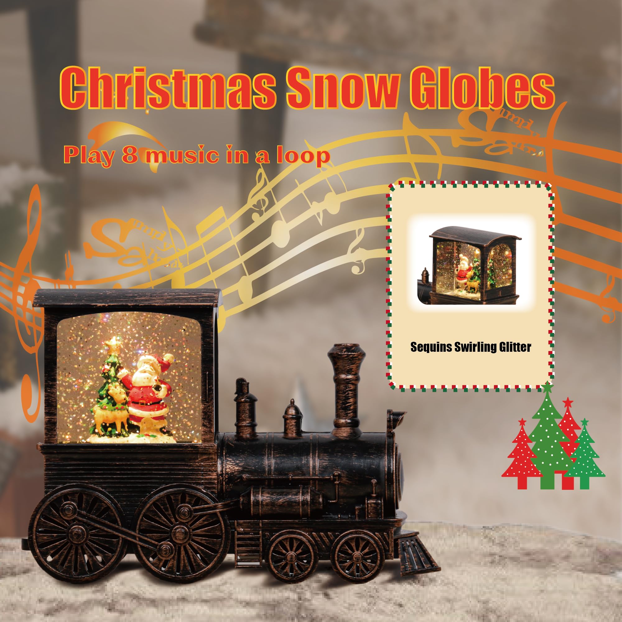 Christmas Snow Globes Vintage Train Santa Claus Snow Globe with Glitter Spinning Water Lantern and 8 Songs, Auto 6H Timer Christmas Globe for Christmas Home Decor Holiday Party Gifts