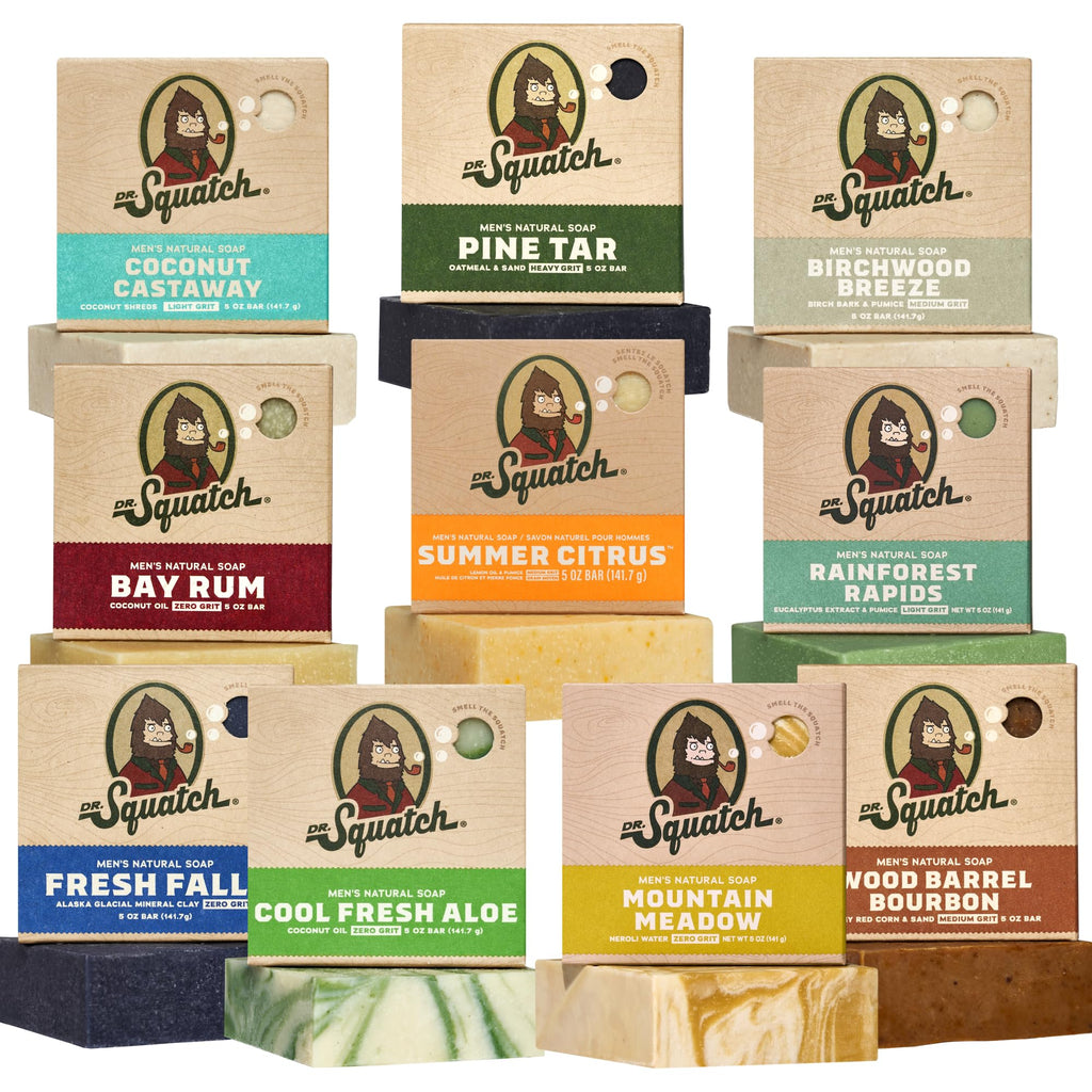 Dr. Squatch Natural Men’s Bar Soap - Cold Process Body Soap Bar with Natural Oils - Gifts for Men - Birchwood Breeze, Coconut Castway, Summer Citrus, Pine Tar & more (5 oz, 10-Pack)