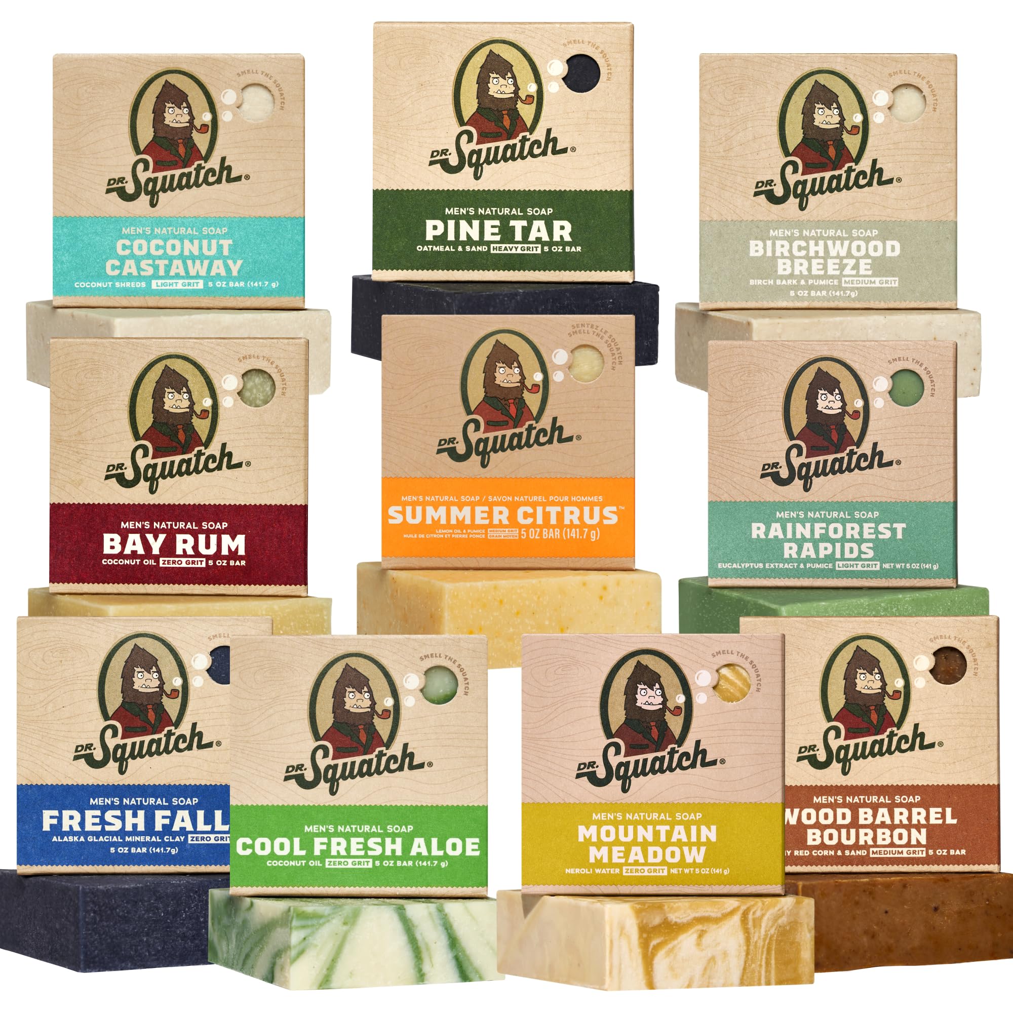 Dr. Squatch Natural Men’s Bar Soap - Cold Process Body Soap Bar with Natural Oils - Gifts for Men - Birchwood Breeze, Coconut Castway, Summer Citrus, Pine Tar & more (5 oz, 10-Pack)