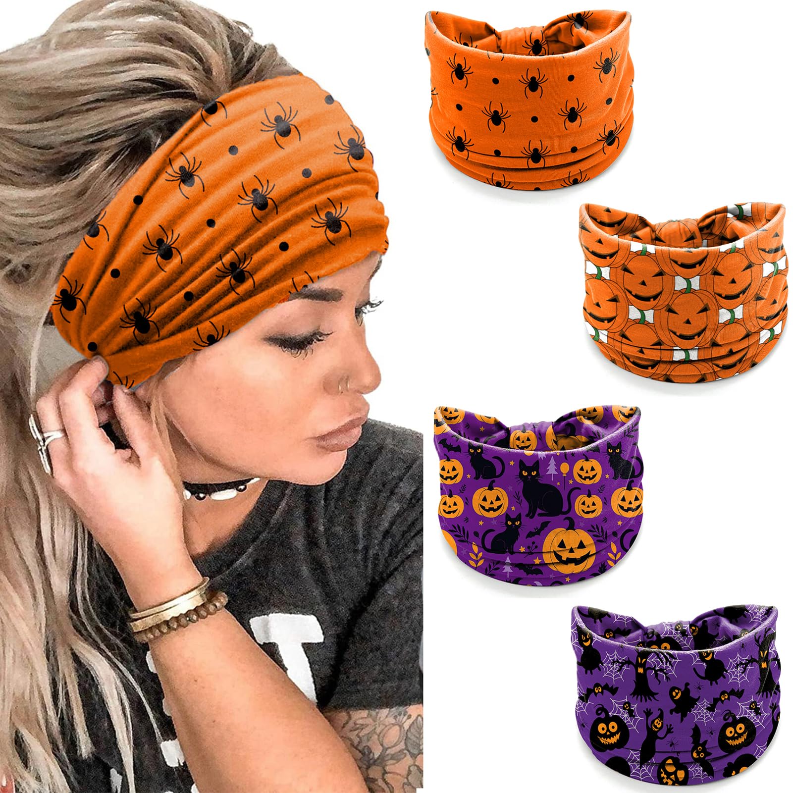 winthrop 4 Pack Autumn Maple Leaf Headbands for Women, Thanksgiving Wide Stretchy Yoga Workout Hair Bands, Soft Non-Slip Fall Turban Headwraps for Running Makeup Everyday Use
