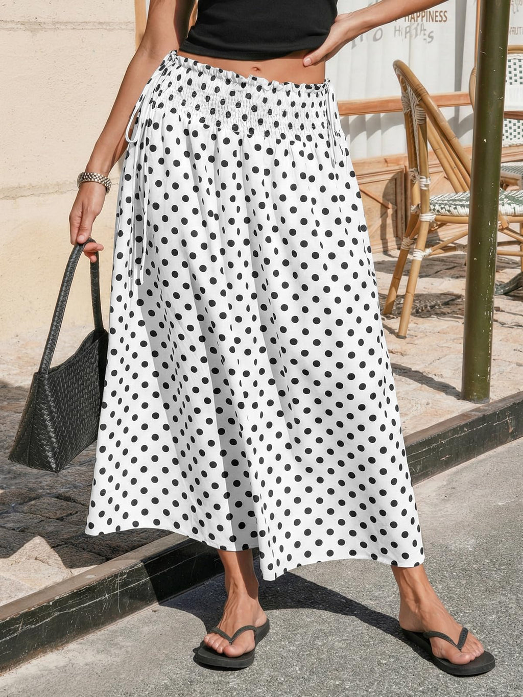 Tankaneo Womens Polka Dot Maxi Skirts Boho Smocked High Waisted Tie Skirt Casual Beach Vacation Dress