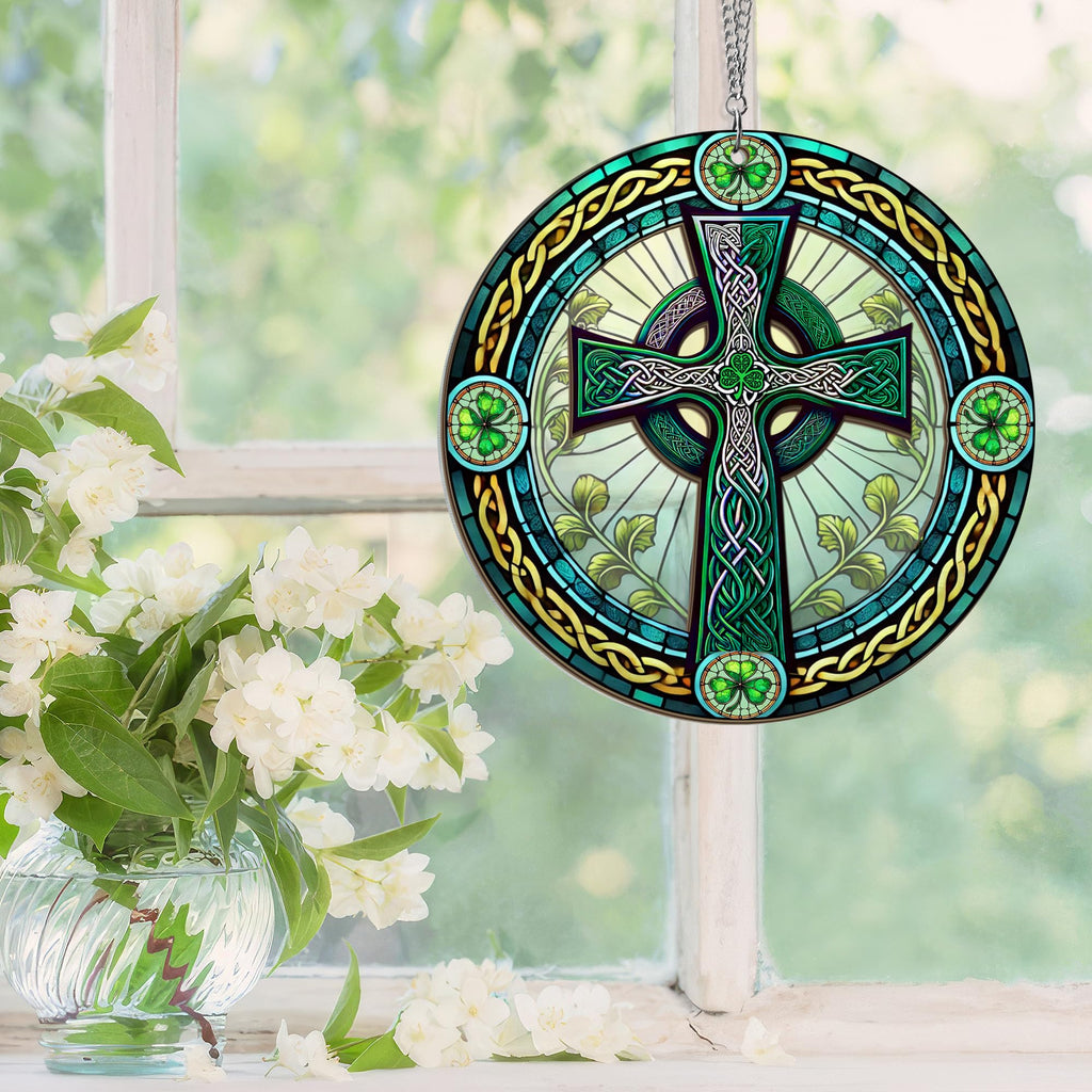FLAGWIX St Patricks Day Decorations - Hanging Suncatcher 6 in, Shamrock St Patricks Day Decorations, Irish Suncatcher for Home Garden Decor - Irish Gifts for Women Men, Spiritual Gifts for Mom Grandma