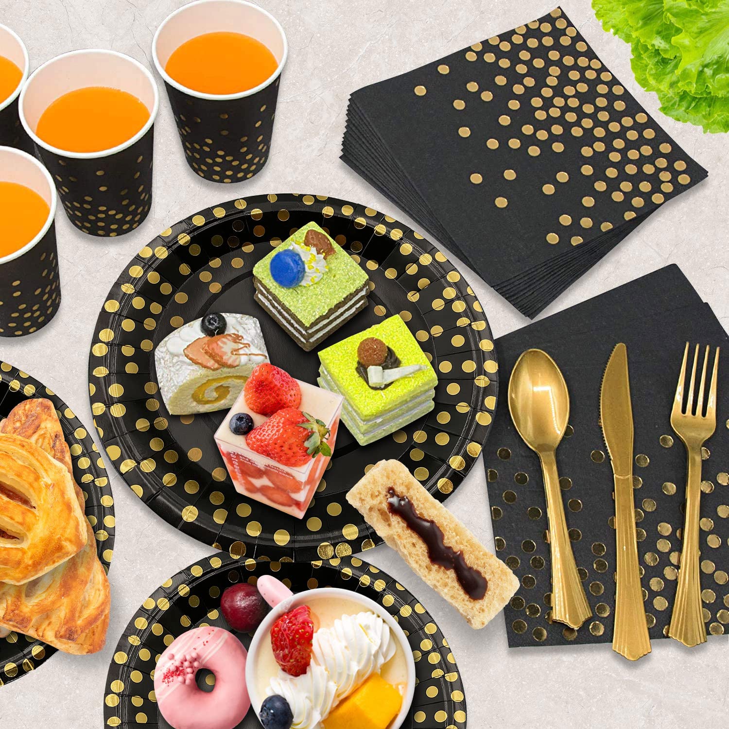 AIRE 175PCS Black and Gold Paper Plates Party Supplies for 25 Guests Disposable Party Decorations Dinnerware Golden Dot Black Paper Plates Napkins Cups Gold Plastic Forks Knives Spoons for Mothers Day
