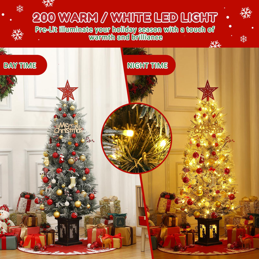 3FT Prelit Premium Snow Flocked Artificial Christmas Tree with Warm White LED, Mini Prelit Xmas Pine Tree for Christmas Decoration,Yard,Home,Office,Outdoor,Indoor,8 Mode Snowflake White Base- 1PC