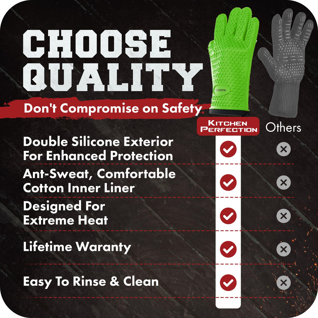 KITCHEN PERFECTION Silicone Oven & Griddle Gloves -Extreme Heat Resistant BBQ & Grilling Gloves -Handle Hot Food Right on Your Griddle |Waterproof Oven Mitts Grill Gloves |Superior Set+3 Bonuses