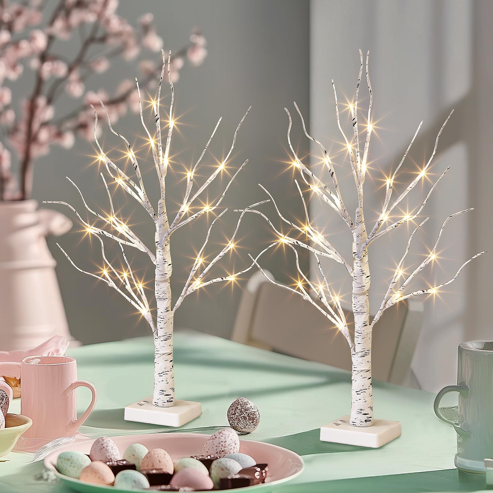 PEIDUO Home Decor, 2FT Birch Tree with LED Lights, Warm White Light up Tree Lamp, Artificial Trees for Home Table Inside, Battery Powered, Timer (2PK)