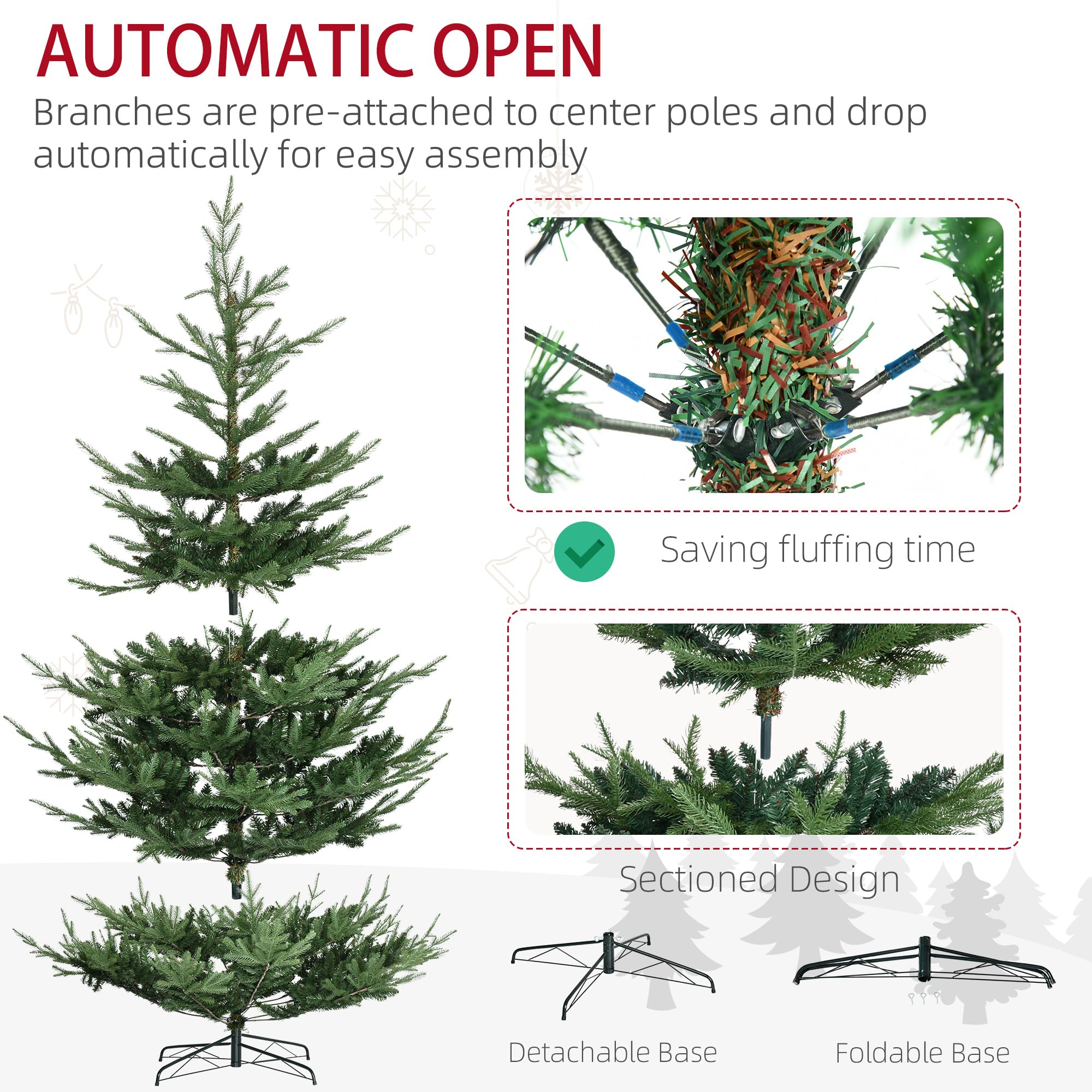HOMCOM 7.5 Foot Artificial Christmas Tree, Nordic Pine Hinged Xmas Tree with 1218 Realistic Branches, Wide Steel Base, Auto Open, Green