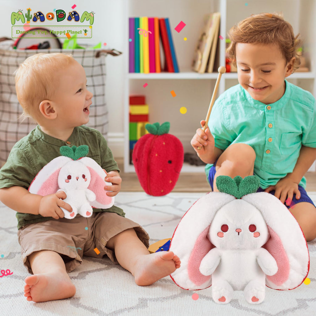 MIAODAM Bunny Stuffed Animal Reversible Cuddle Bunny Stuffed,Strawberry Bunny Transformed Rabbit Plush Zipper,Turns Into Ears Bunnies Plushies Toy Cute Stuffy Doll Easter