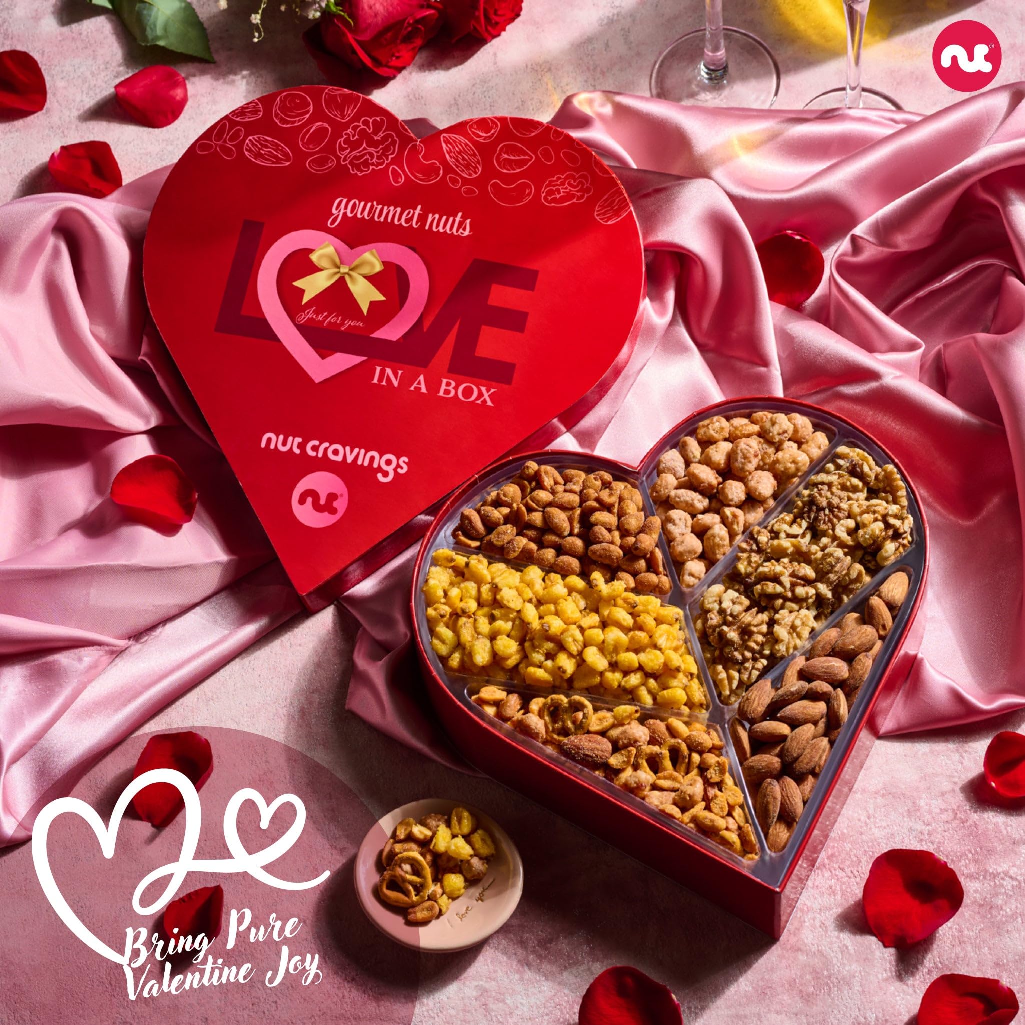 NUT CRAVINGS - Fathers Day Treats, Gift For Dad, Mixed Nuts Heart Shaped Gift Basket, Love in A Box (6 Assortments, 2 LB) Romantic Food Arrangement, Healthy Snack Care Package, Food Assortments