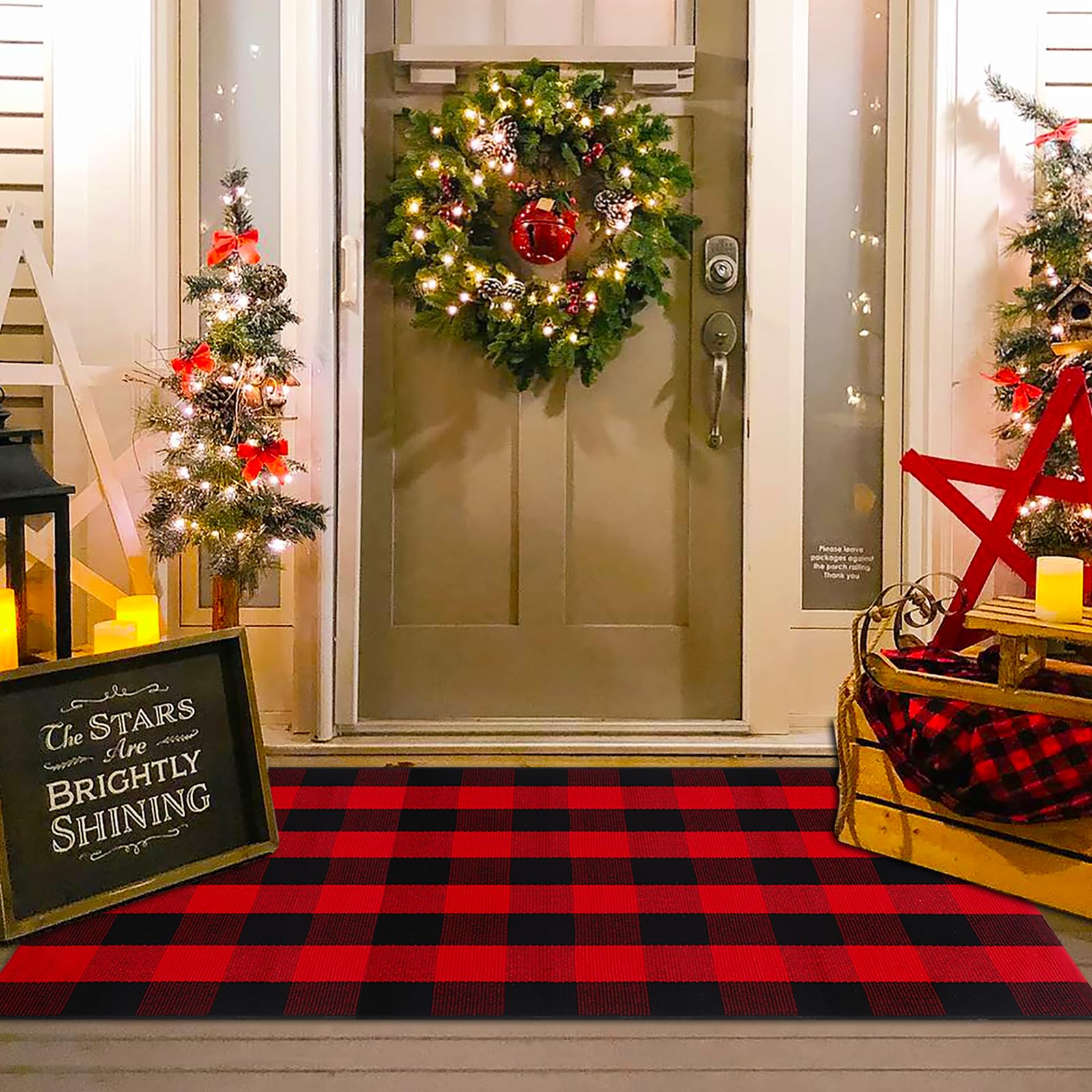 Orange and Black Plaid Rug, 28'' x 43'' Fall Outdoor Front Door Decor Mat, Cotton Washable Hand-Woven Rug for Layered Doormat, Autumn Halloween Thanksgiving Carpet for Porch, Entryway