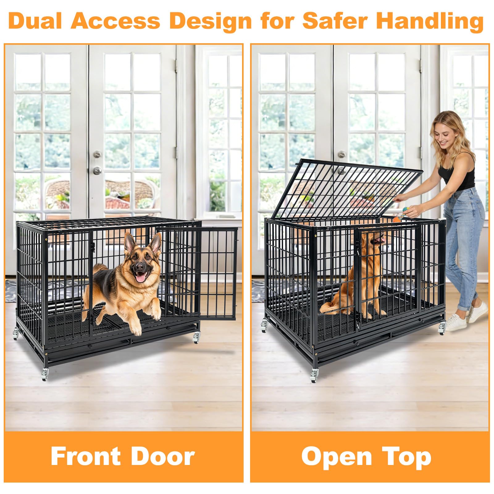 Homey Pet 37 Inch Heavy Duty Dog Crate for Medium Dogs, Stackable Dog Cage with Four Lockable Wheels, Removable Tray & Grid, Open Top, Escape Proof Dog Kennel Indoor