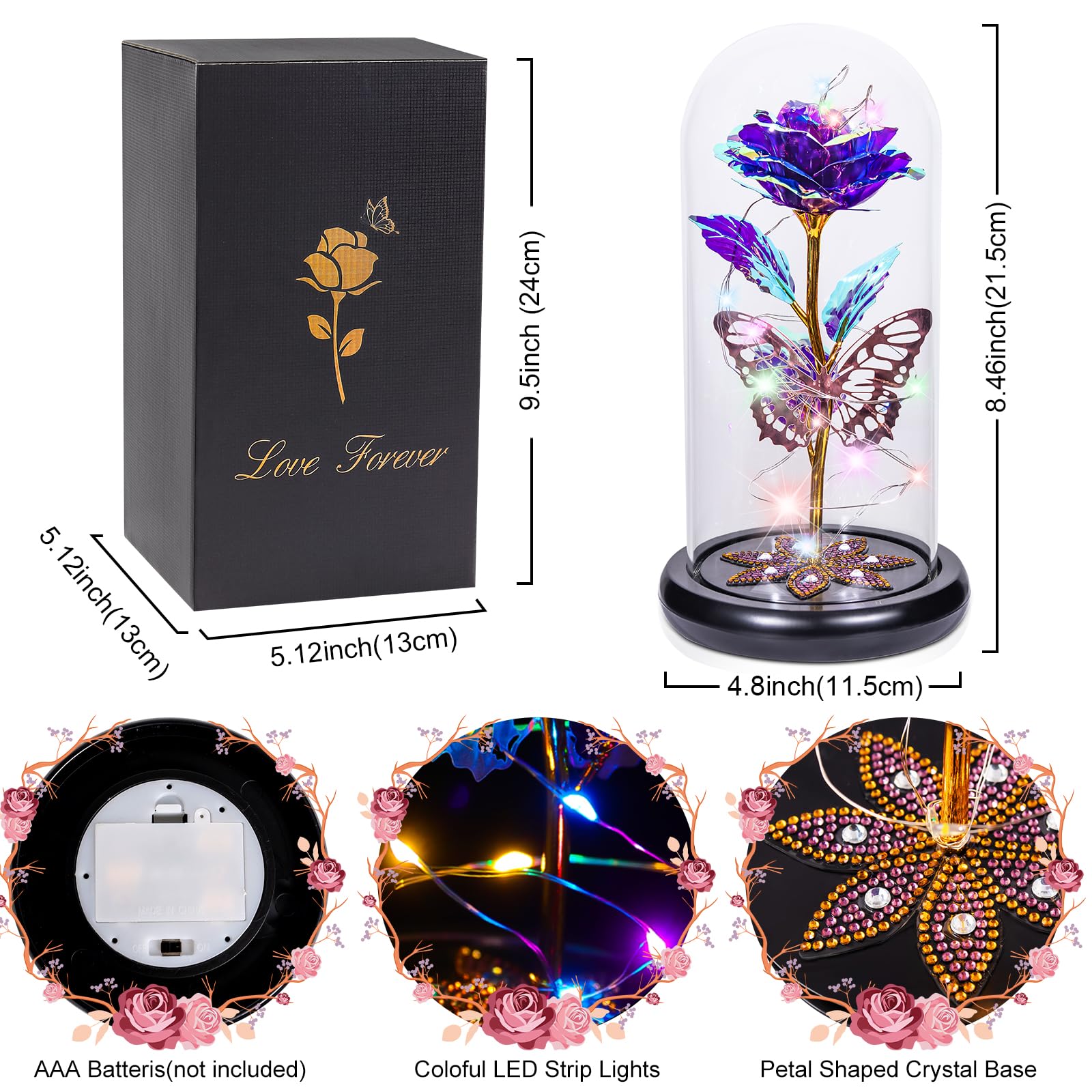 Pusuny Mothers Day Flowers Gifts for Mom Women Birthday Gift Galaxy Glass Rose Forever Eternal Crystal Flowers Rose in Glass Dome with Butterfly Mother's Day Roses Gifts for Mom Daughter Wife Purple