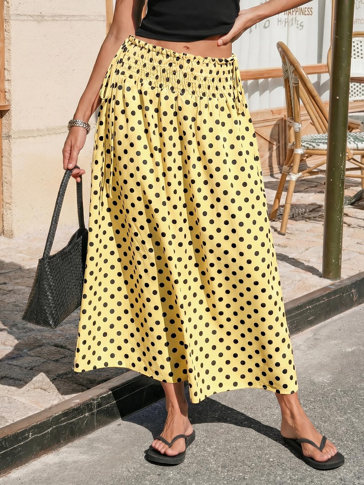 Tankaneo Womens Polka Dot Maxi Skirts Boho Smocked High Waisted Tie Skirt Casual Beach Vacation Dress