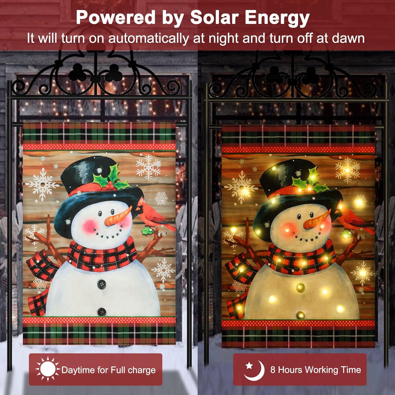 Lighted Christmas Garden Flag for Outside, Led Snowman Garden Flag, Winter Yard Flag 12x18 Double Sided for Outdoor Yard Porch Lawn Decoration