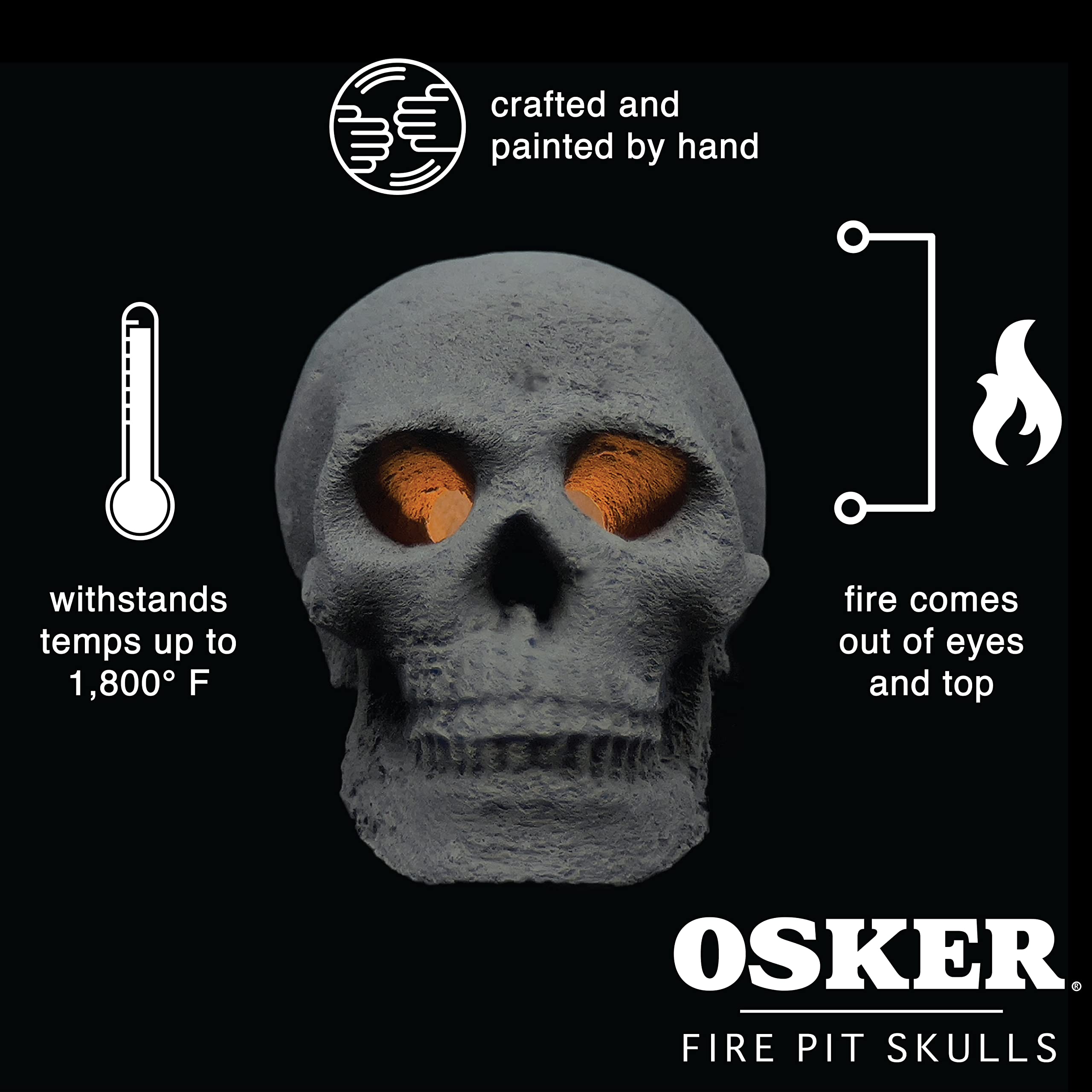 OSKER Fire Pit Skull with Fire Color Changing Packets | Ceramic Fireproof Log for Bonfire, Campfire, Fireplace, Firepit | Halloween Decor | Gas, Propane, or Wood Fires | 9 Inch - Light Beige