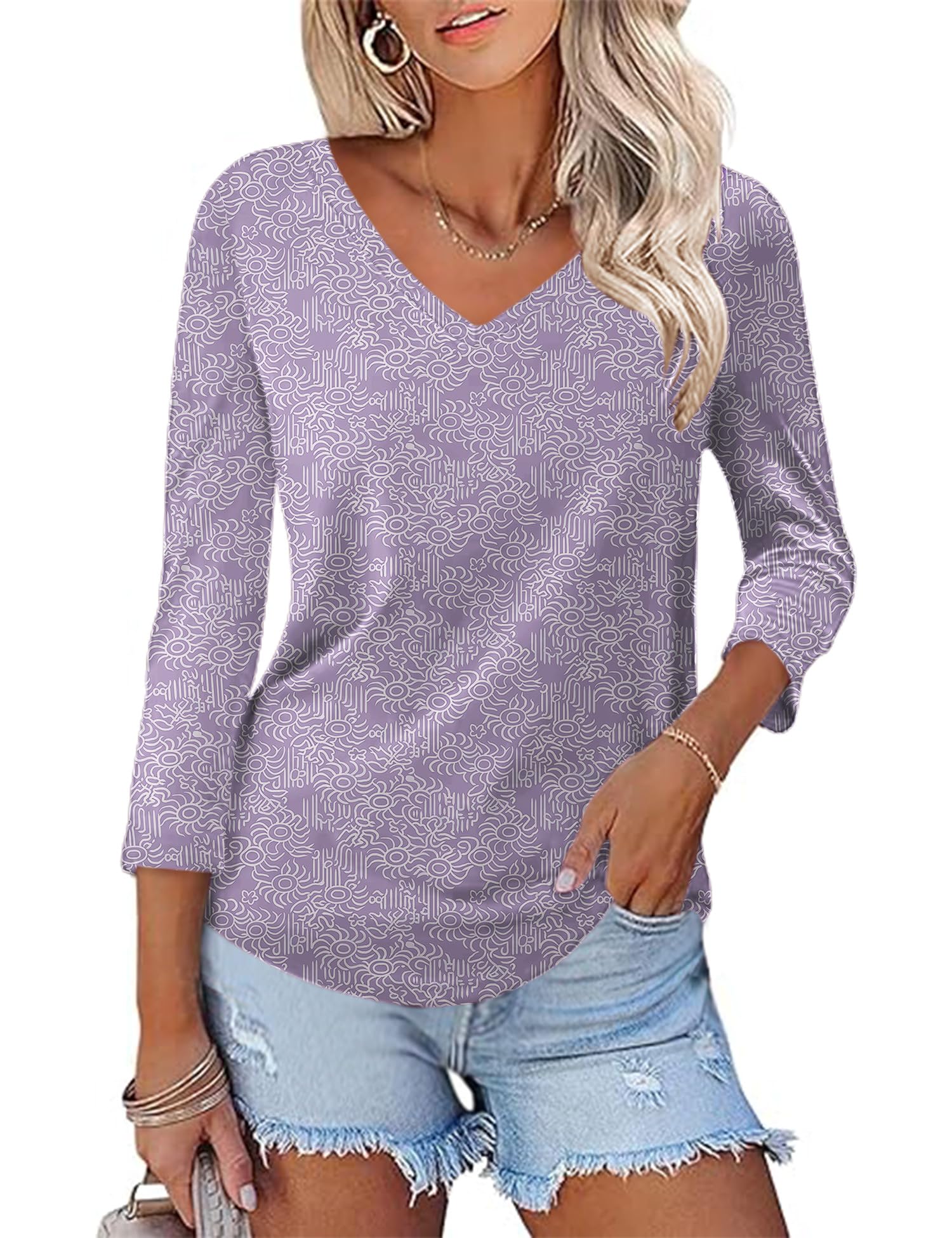 KTILG Women's V Neck T Shirts 3/4 Sleeve Blouse Summer Tops Dressy Casual Solid Basic Tees