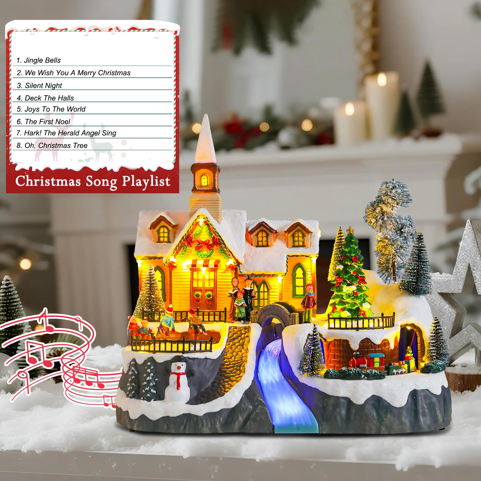 Christmas Village House Musical Christmas Collectible Buildings Church Train Snowman Children Skating with LED Lights Vacation Village with USB Indoor Figurines Indoor Tabletop Decoration