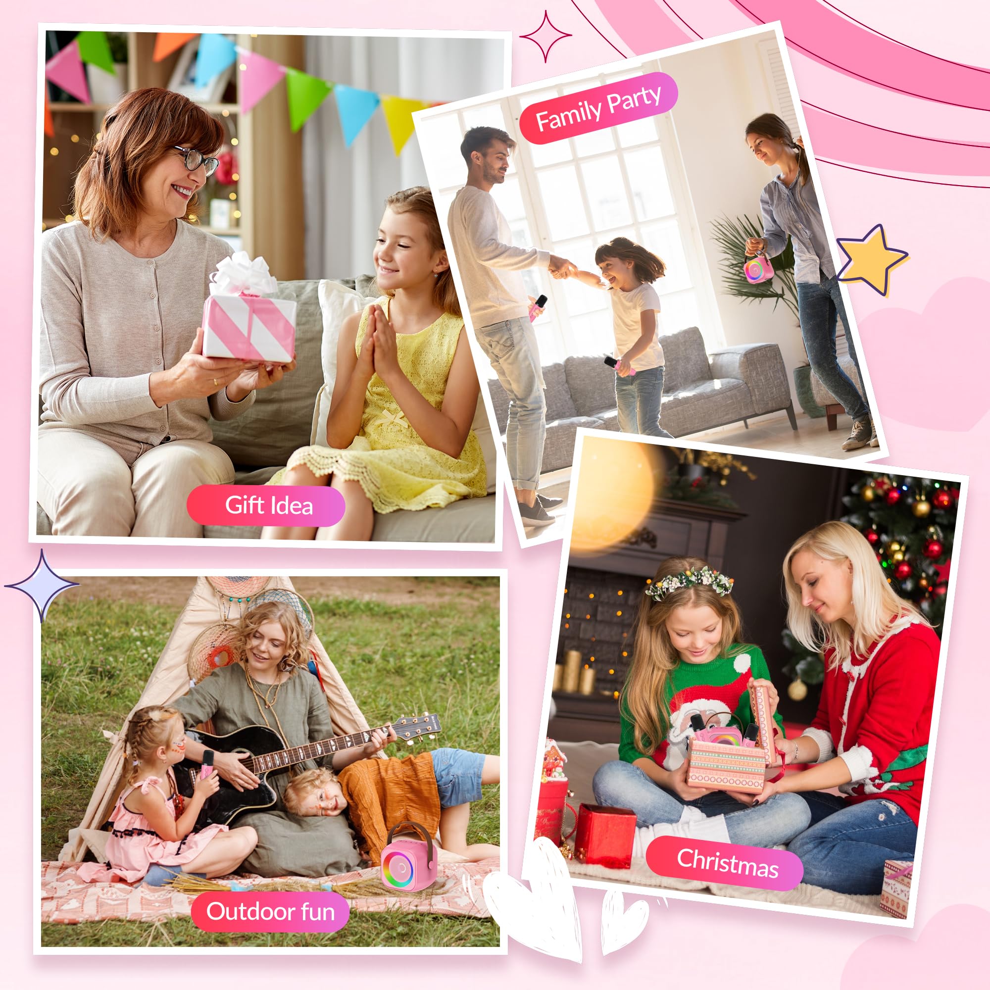 Mini Karaoke Machine, Portable Bluetooth Karaoke Speaker with 2 Wireless Microphones and Party Lights for Kids and Adults, Birthday Gifts for Girls Boys Family Home Party