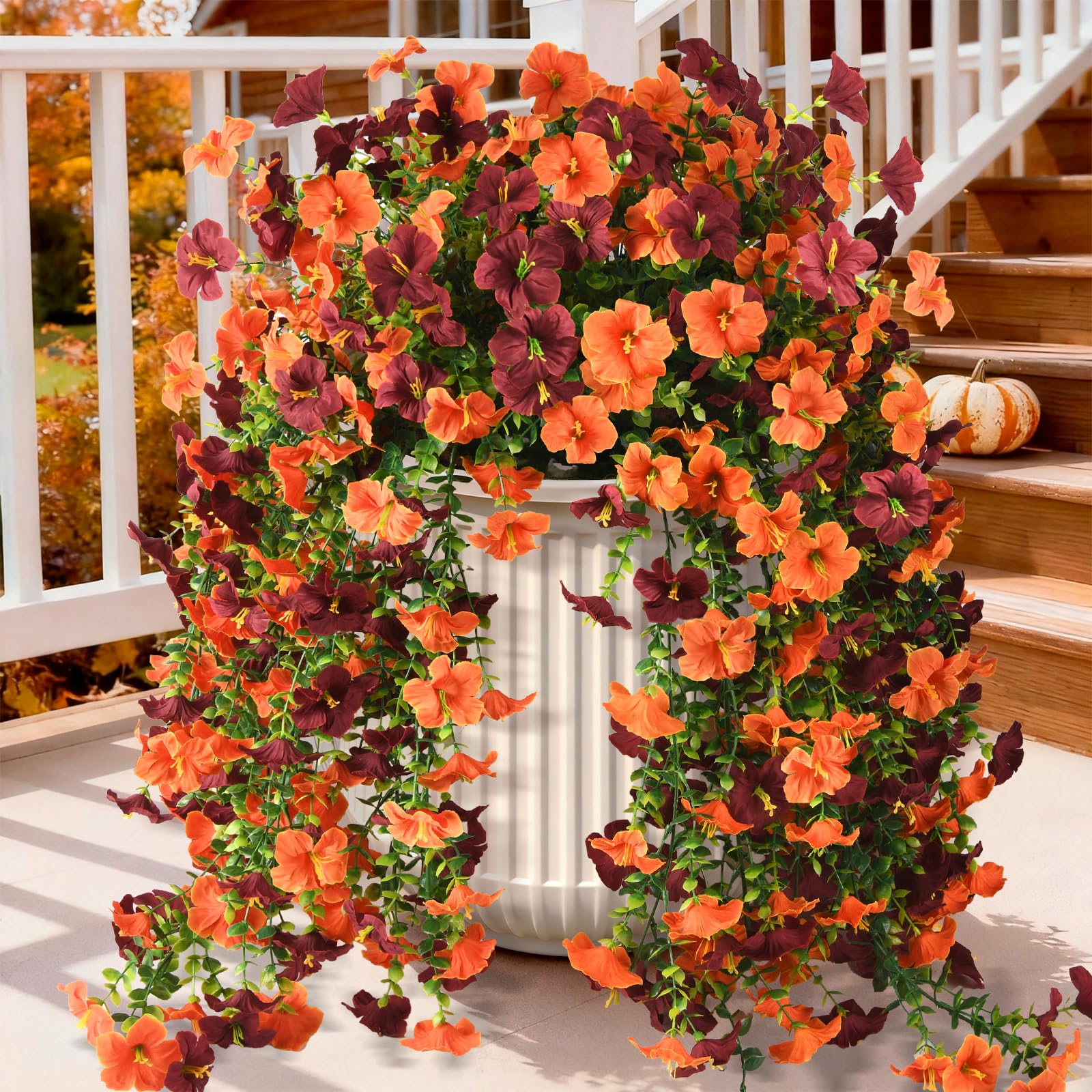 Artificial Fake Flowers Plants for Outdoor Spring Summer Decoration,2 PCS Faux Silk Morning Glory with Eucalyptus Leaves,UV Resistant Realistic Outdoor Flowers for Balcony Porch Patio Yard Garden