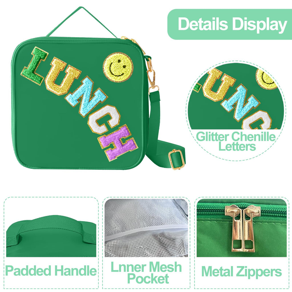 Insulated Lunch Bag With Adjustable Shoulder Strap, Nylon Preppy Lunch Box Large Insulated Lunch Bag Reusable Lunch Tote Bag with Smiley Preppy LunchBag for Girls School Travel Picnic (Purple)