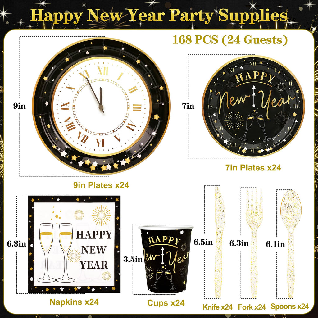 168pcs Happy New Year Party Supplies, Black and White Paper Plates Napkins Cups and Transparent Gold Cutlery for 24 Guests, 2026 New Year Disposable Tableware Supplies for Party Decorations