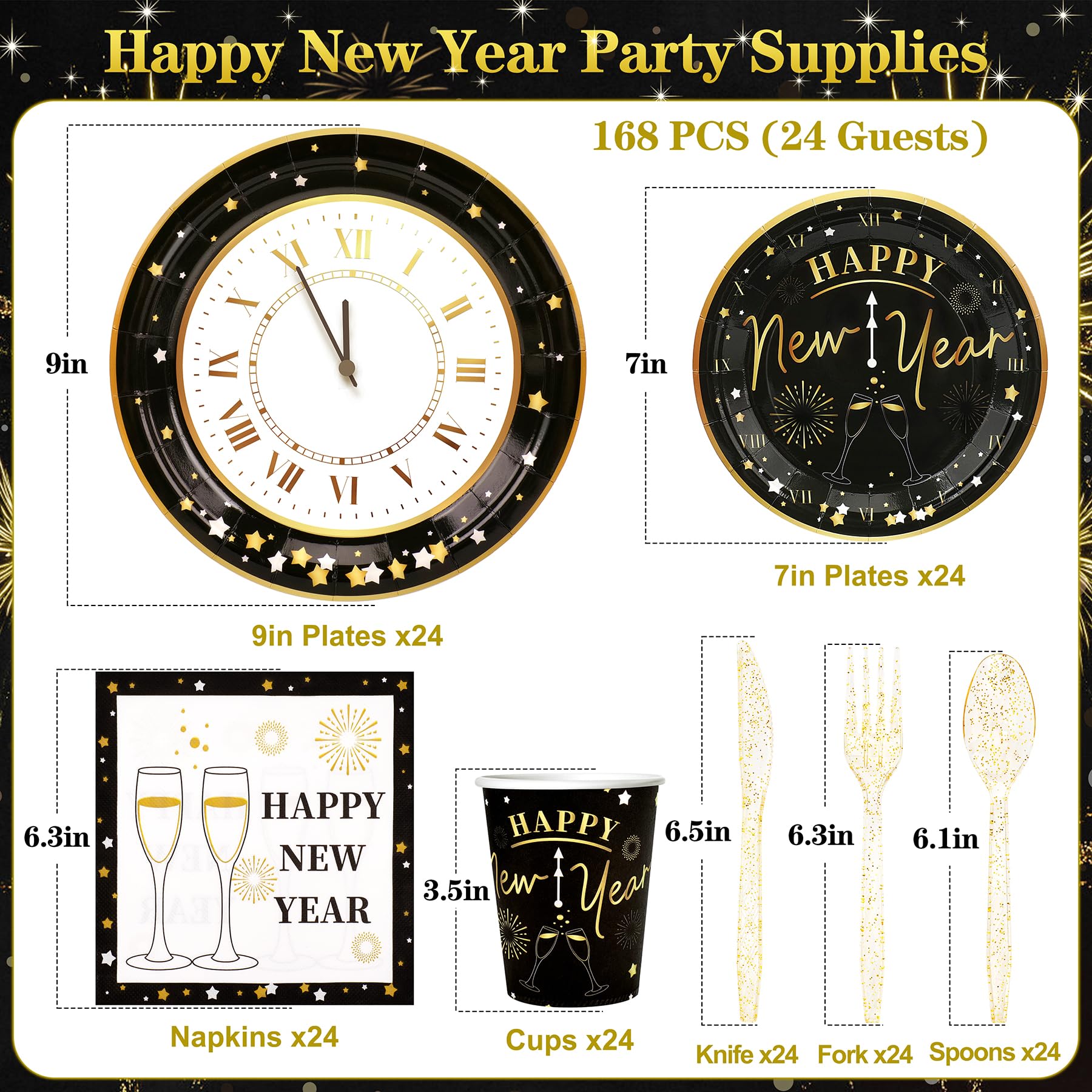 168pcs Happy New Year Party Supplies, Black and White Paper Plates Napkins Cups and Transparent Gold Cutlery for 24 Guests, 2026 New Year Disposable Tableware Supplies for Party Decorations