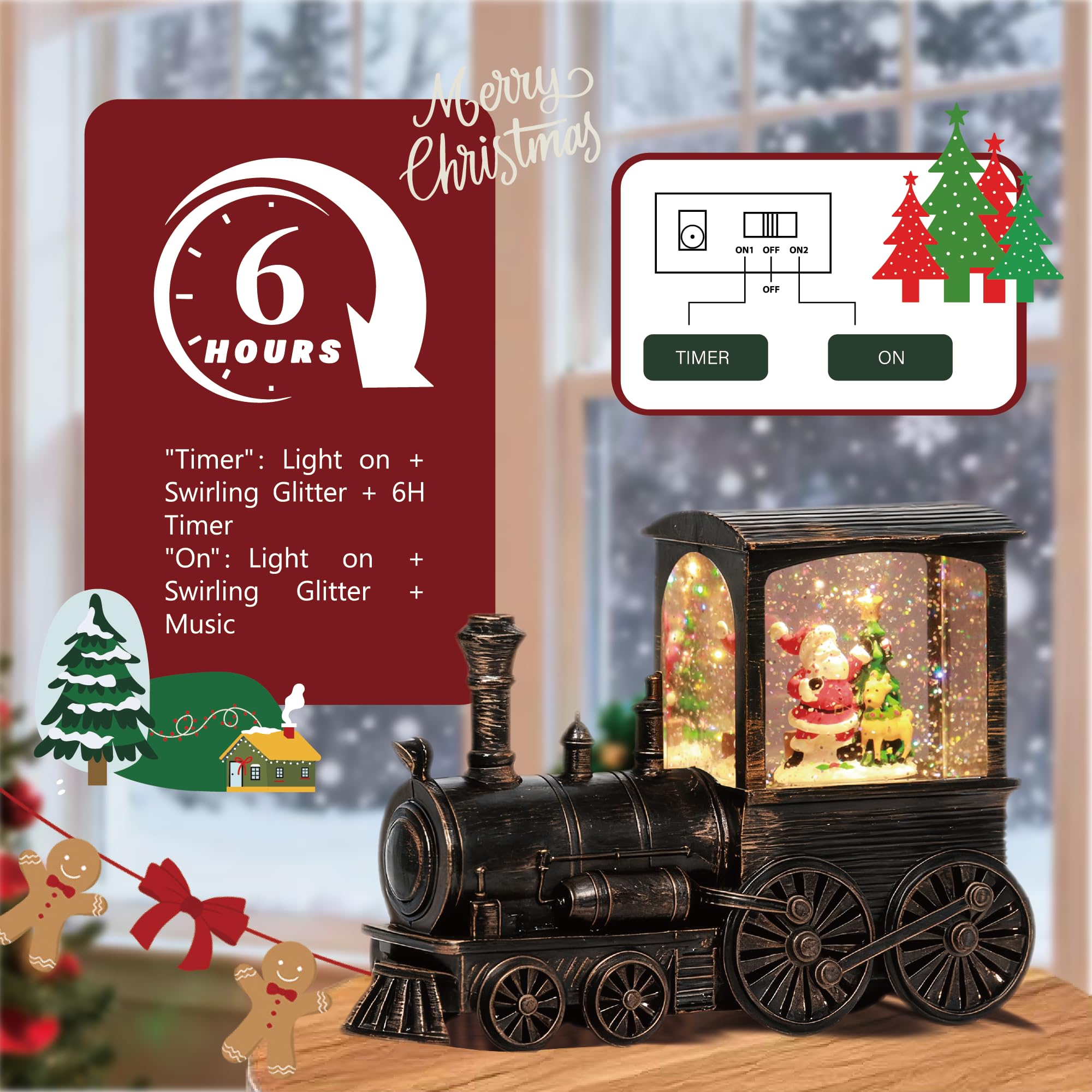 Christmas Snow Globes Vintage Train Santa Claus Snow Globe with Glitter Spinning Water Lantern and 8 Songs, Auto 6H Timer Christmas Globe for Christmas Home Decor Holiday Party Gifts