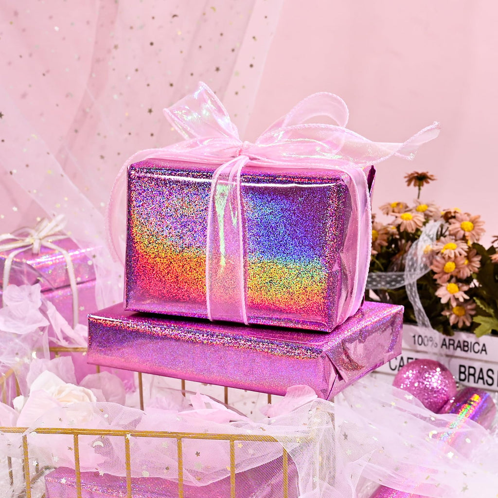 Burymento Black Wrapping Paper Roll, Metallic Holographic Stripe Gift Wrap for Birthday, Valentines, Mothers day, Graduation, Wedding, Fathers day, Baby Shower, Christmas (17 IN x 32.8 FT)