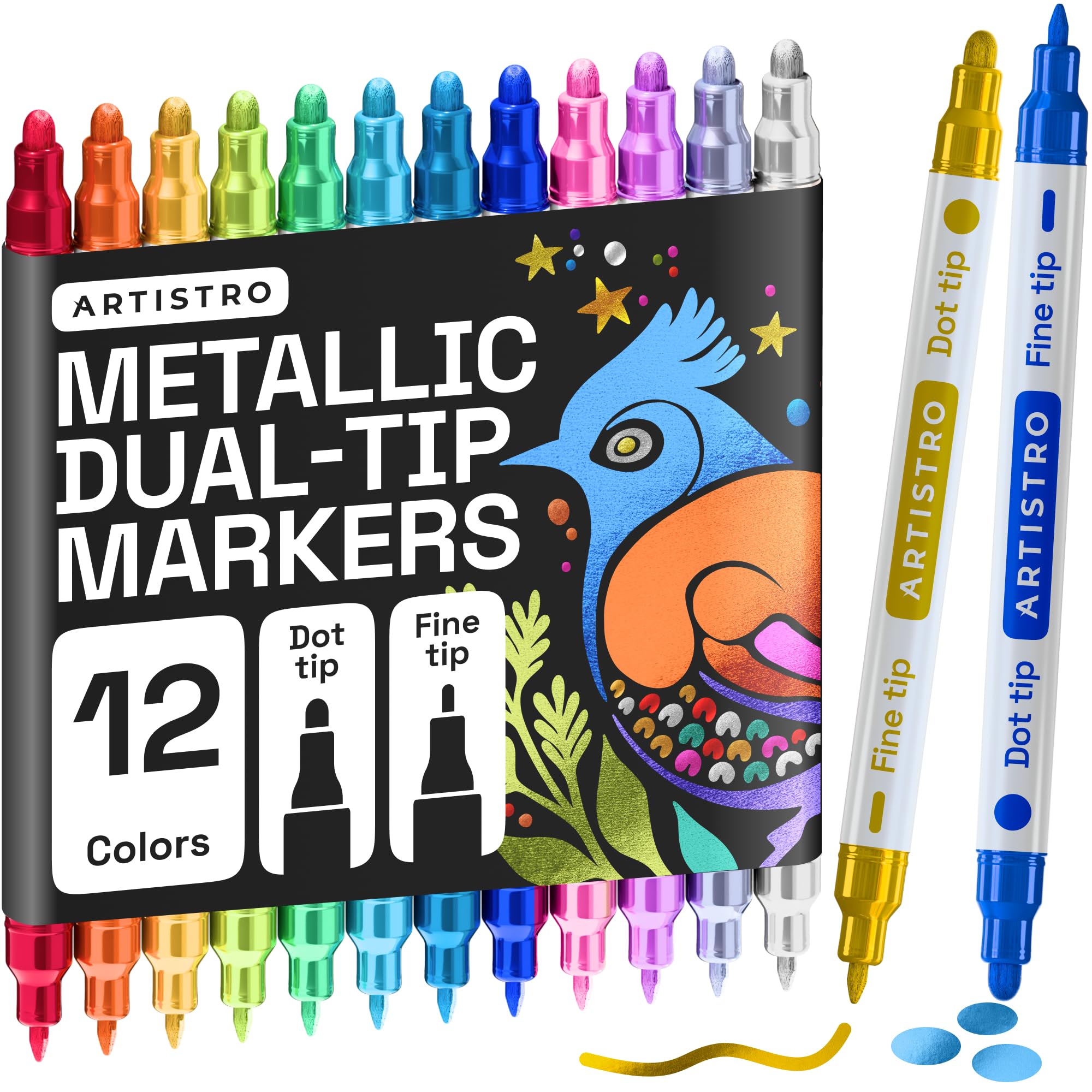 ARTISTRO 36 Dual Tip Pens, Dot & Fine Tips Paint Markers – Paint Pens Set for Fabric, Rock, Glass, Wood, Coloring Books – Arts & Crafts Gift – Classroom Must Haves & School Supplies