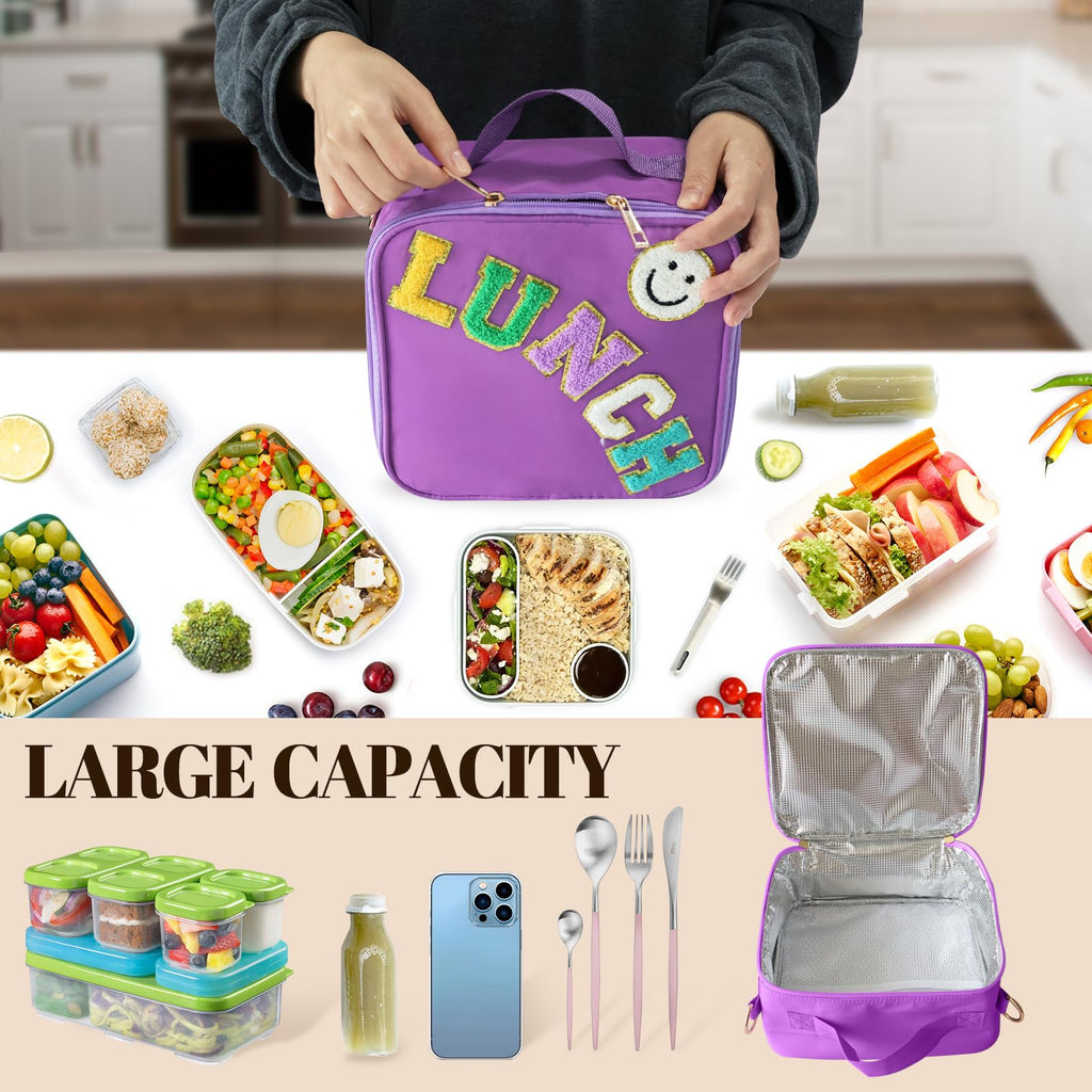 Insulated Lunch Bag With Adjustable Shoulder Strap, Nylon Preppy Lunch Box Large Insulated Lunch Bag Reusable Lunch Tote Bag with Smiley Preppy LunchBag for Girls School Travel Picnic (Purple)