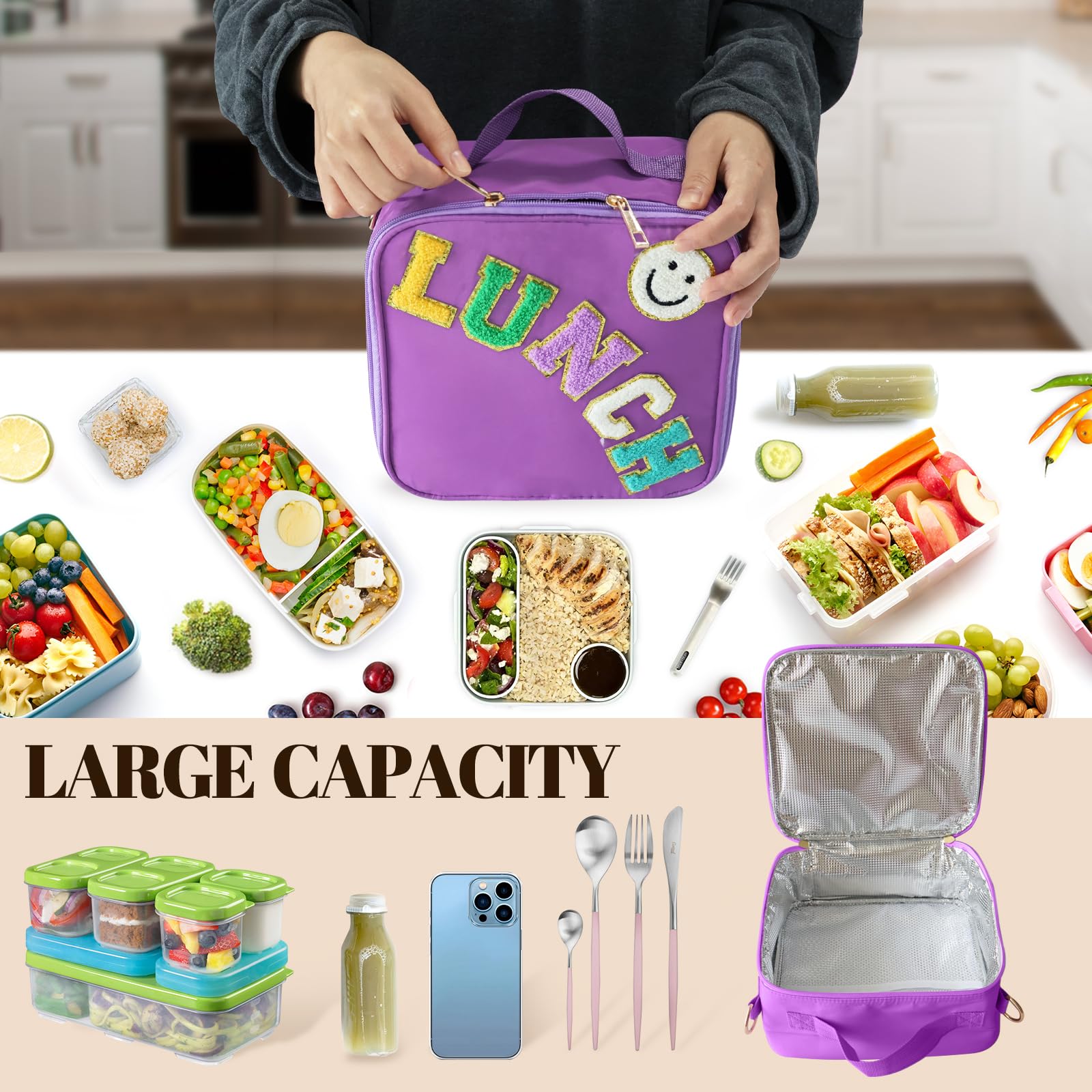 Insulated Lunch Bag With Adjustable Shoulder Strap, Nylon Preppy Lunch Box Large Insulated Lunch Bag Reusable Lunch Tote Bag with Smiley Preppy LunchBag for Girls School Travel Picnic (Purple)