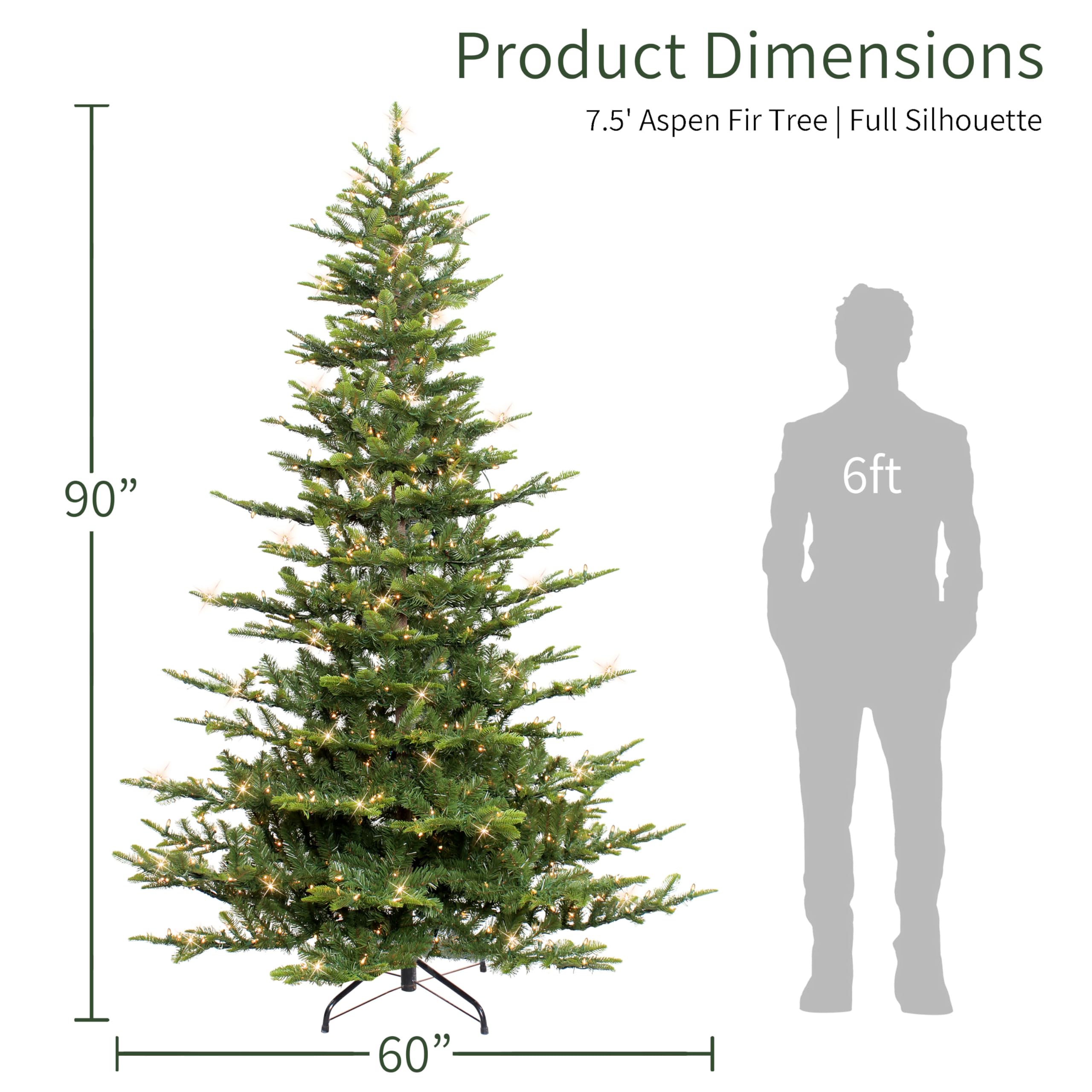 Puleo International 7.5ft Pre-Lit Aspen Fir Artificial Christmas Tree with 700 Clear Lights, 1319 Realistic Dense Branch Tips, Easy Setup Artificial Trees with Sturdy Metal Stand