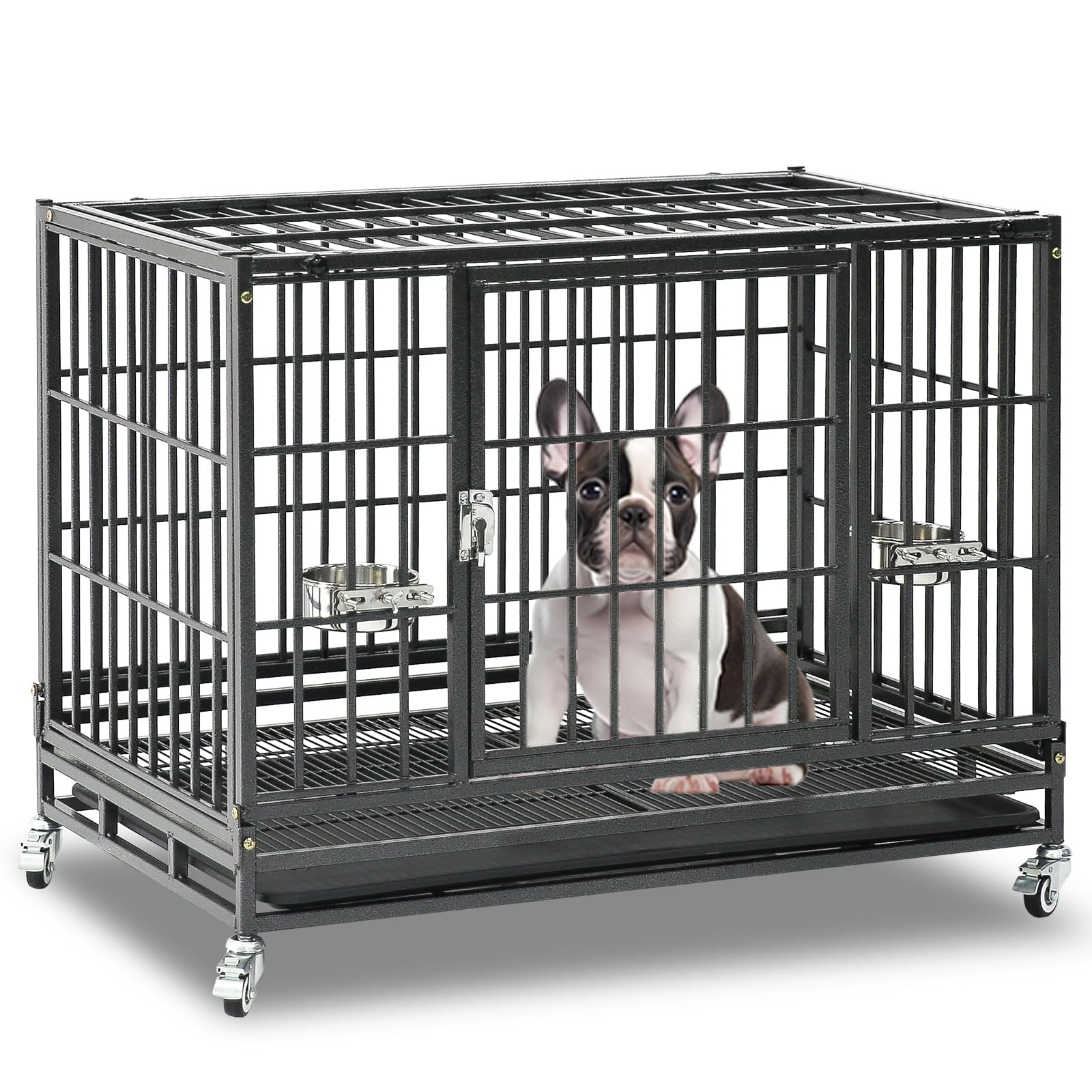 Homey Pet 37 Inch Heavy Duty Dog Crate for Medium Dogs, Stackable Dog Cage with Four Lockable Wheels, Removable Tray & Grid, Open Top, Escape Proof Dog Kennel Indoor