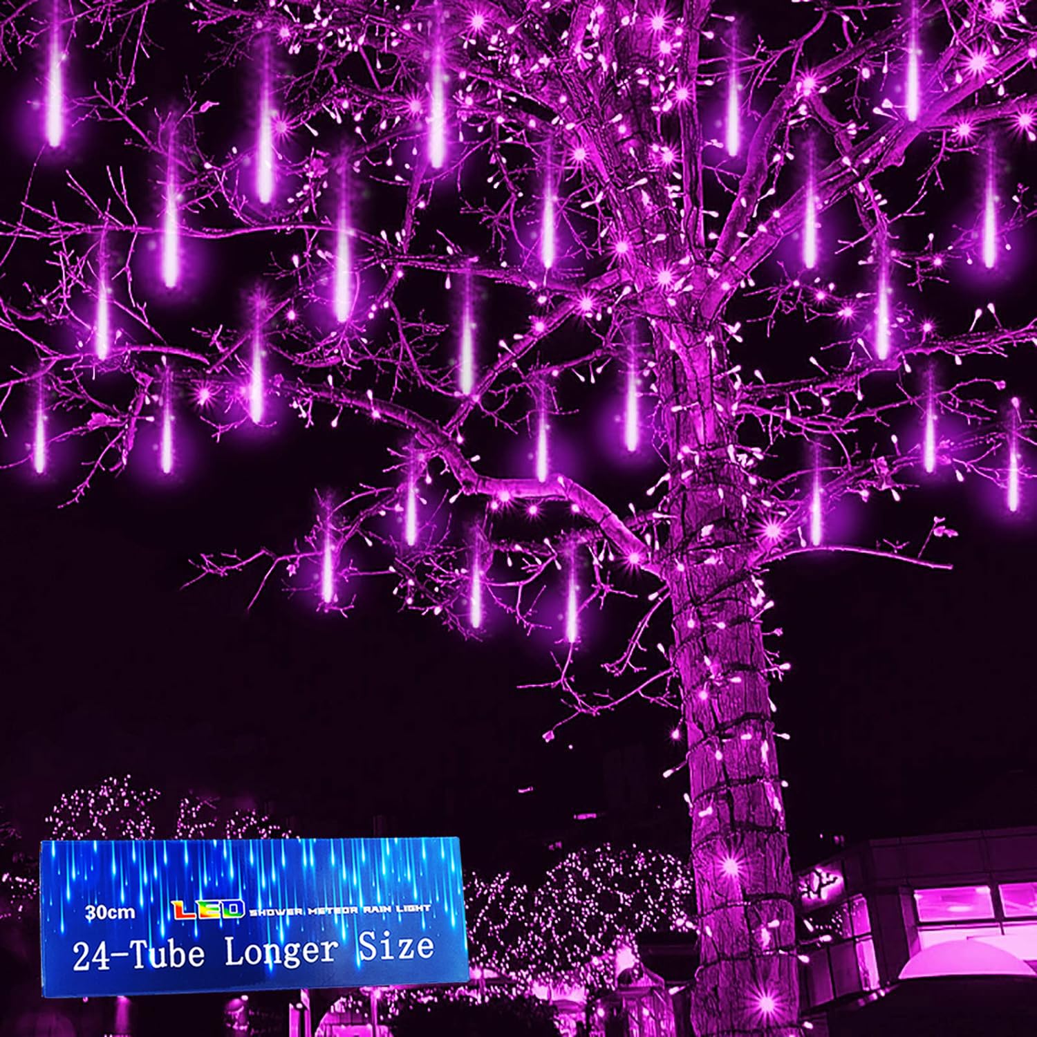 Kwaiffeo Outdoor Christmas Decorations, 24 Tubes(Equivalent to 3 Sets of 8-Tubes) LED Meteor Shower Lights for Xmas Halloween Decor Yard Lawn Outside Party, Outdoor Lighted Christmas-Themed Ornaments