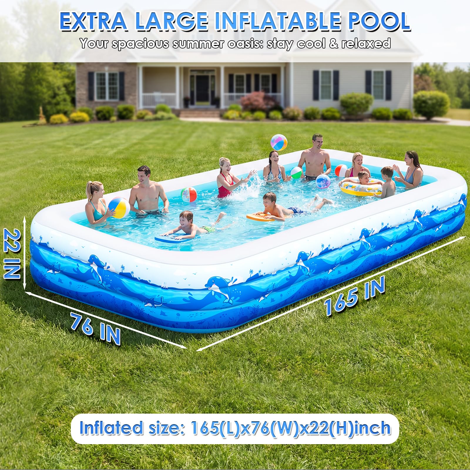 Extra Large Inflatable Pool for Adults, 165"x76"x22" Full-Sized Blow Up Pool with 0.6mm PVC & Cute Animal Print, Big Family Swimming Pool for Backyard Outdoor Summer Water Party