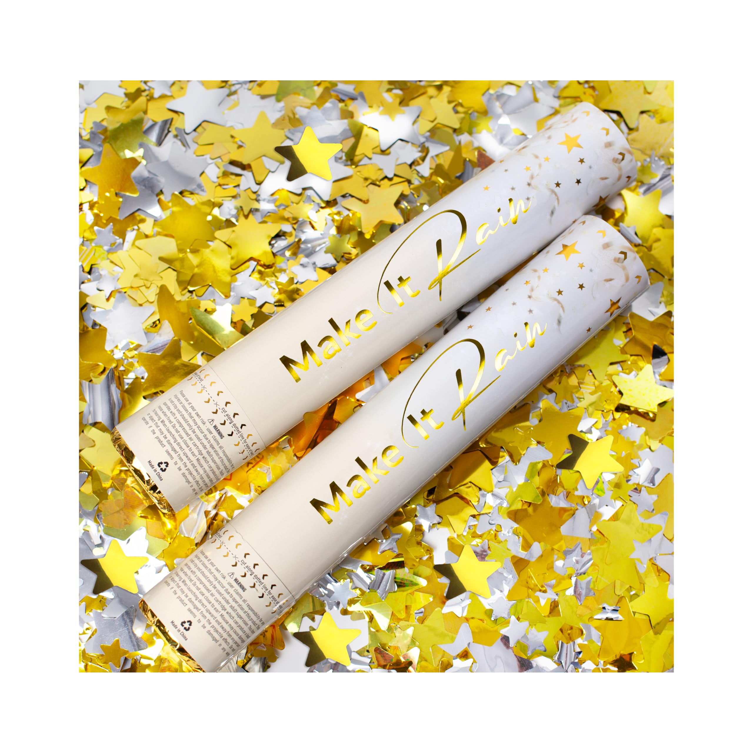 PrimePure Confetti Cannon Party Poppers - Gold Star Confetti Poppers - 2 Pack - Make It Rain Gold Glitter Stars Party Cannons Pop Gun for Birthday, Wedding, Graduation, Celebration, Events, Pranks