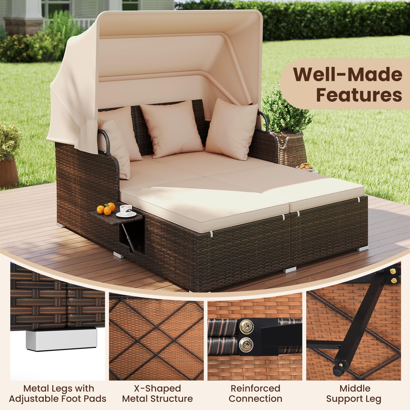 Tangkula Patio Rattan Daybed with Retractable Canopy, Outdoor Wicker Sunbed Lounger with 2 Foldable Side Tables, Thick Seat & Back Cushions, Outside Double Daybed for Garden, Backyard, Porch