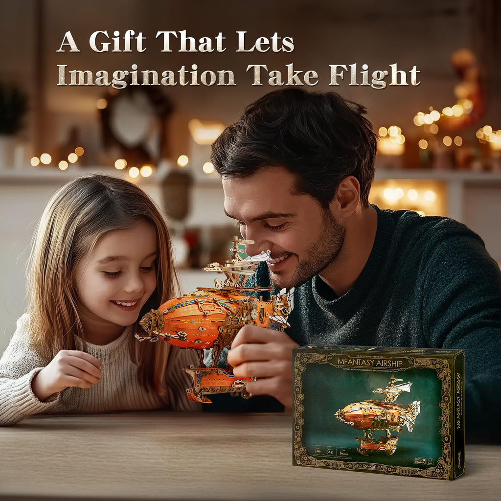 FUNPOLA LED 3D Wood Puzzle Fantasy Airship Model - Steampunk DIY Craft Kit with LED Lights – Intricate Wooden Airship Model Building Set for Teens and Adults(Gray)