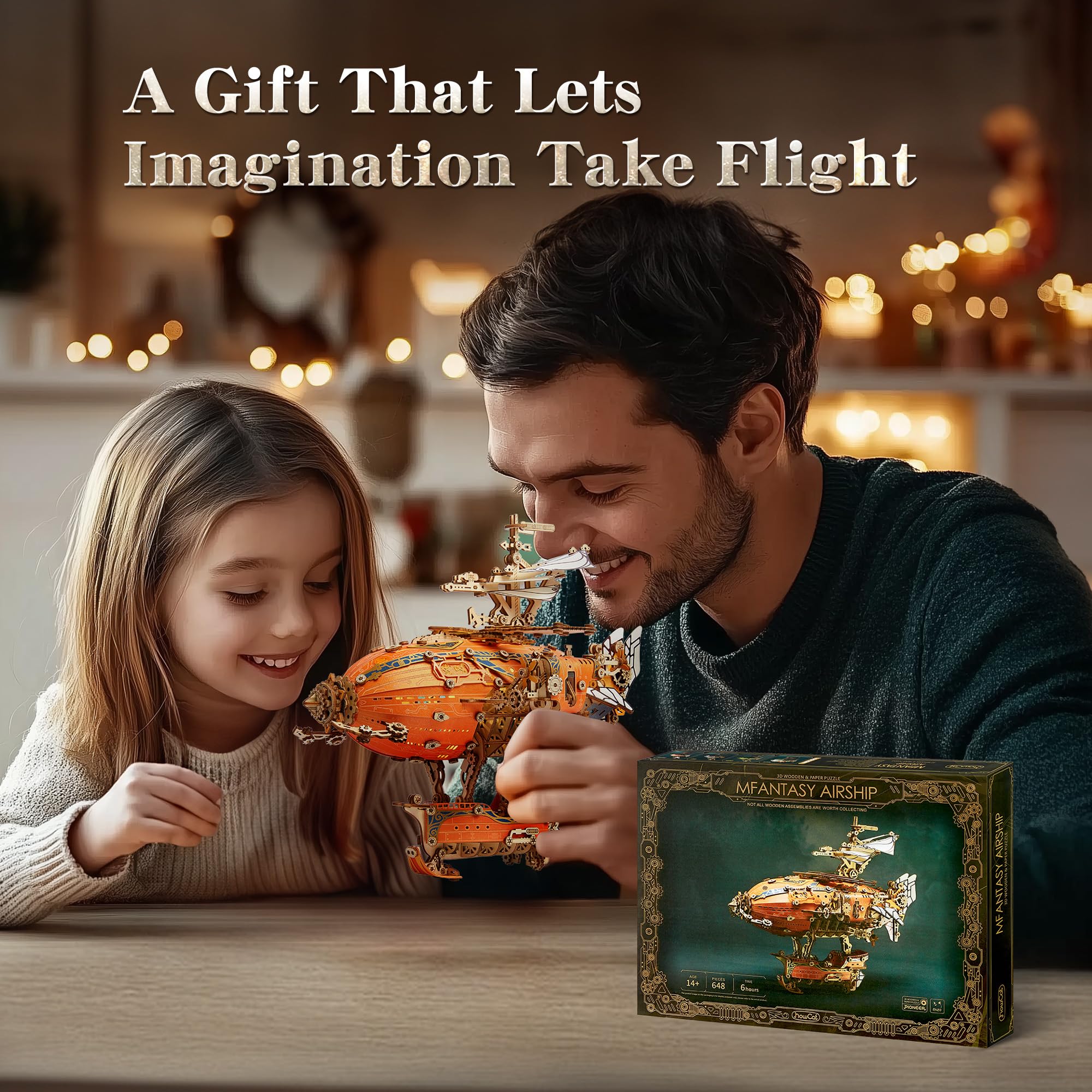 FUNPOLA LED 3D Wood Puzzle Fantasy Airship Model - Steampunk DIY Craft Kit with LED Lights – Intricate Wooden Airship Model Building Set for Teens and Adults(Gray)