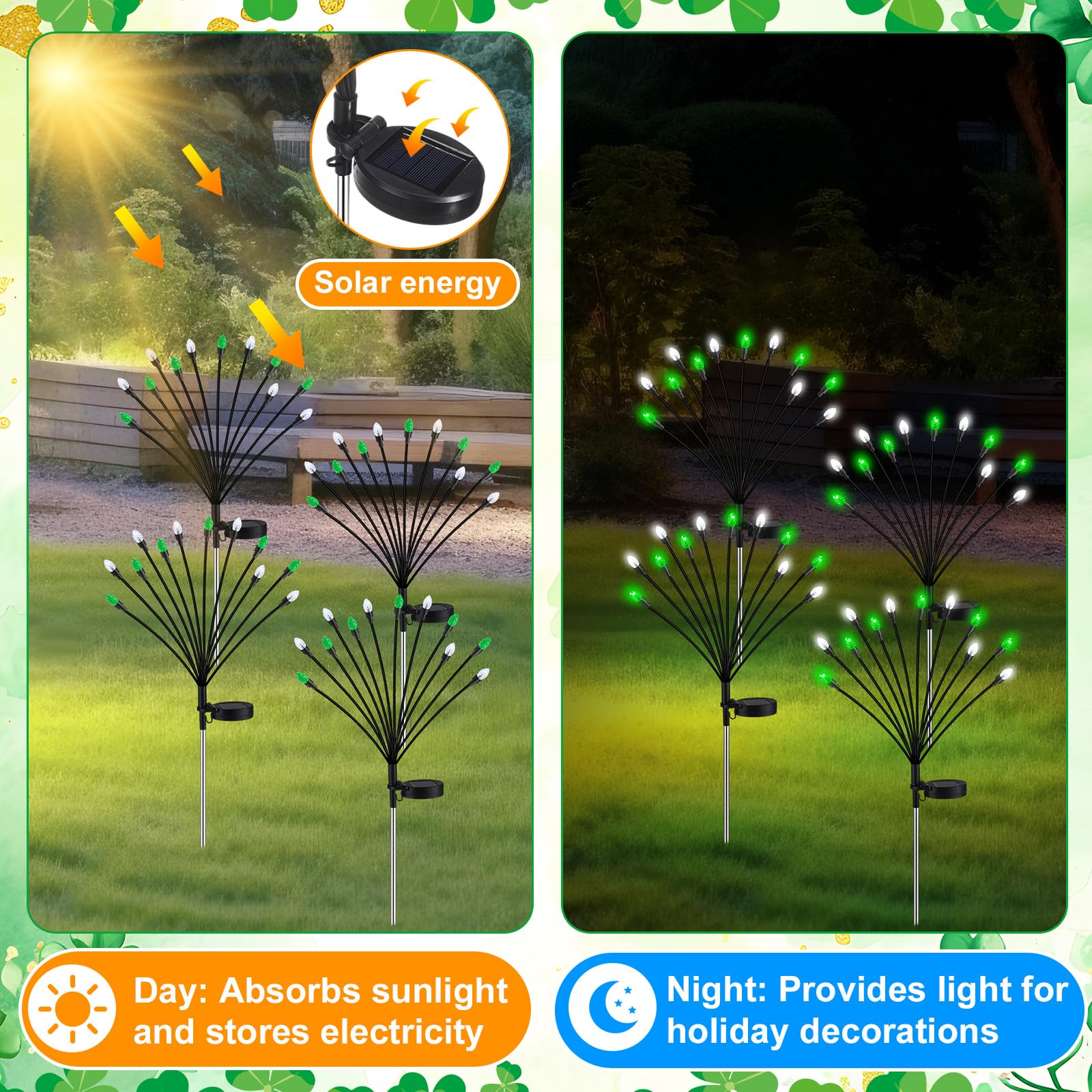 Rossesay 4 Pcs St Patricks Day Outdoor Decorations Solar Lights Waterproof Green 48 LED Swaying Pathway Firefly Stake Lights for Outside Yard Garden Lawn Decorations(Green White,Pine Cone)