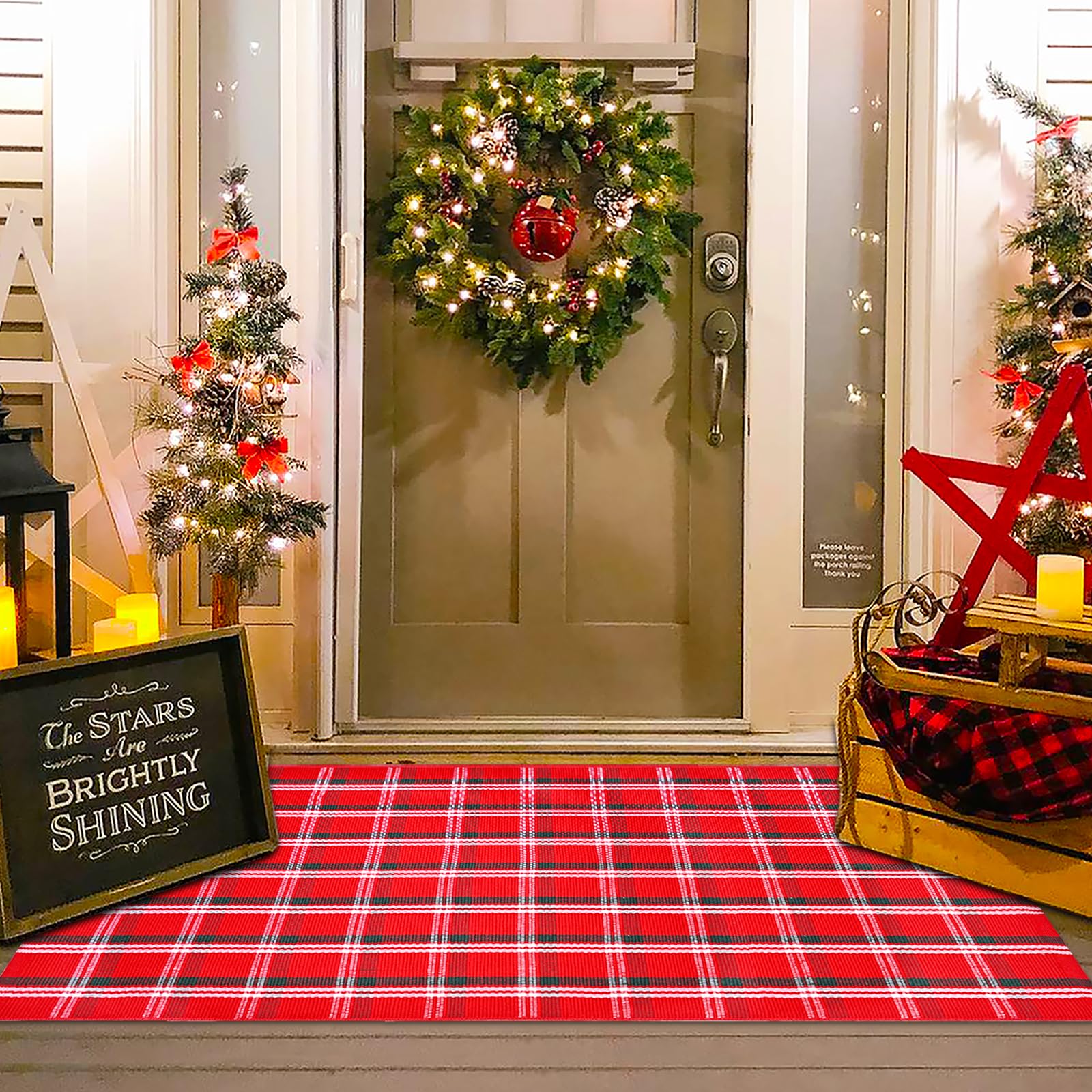 Orange and Black Plaid Rug, 28'' x 43'' Fall Outdoor Front Door Decor Mat, Cotton Washable Hand-Woven Rug for Layered Doormat, Autumn Halloween Thanksgiving Carpet for Porch, Entryway
