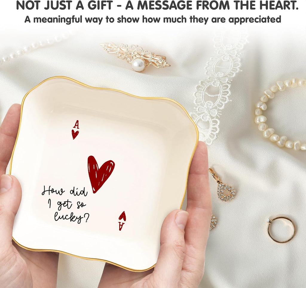 Funny Love Jewelry Dish with Heart Playing Card – “How Did I Get So Lucky?” Romantic Trinket Dish for Couples – Cute Anniversary, Valentine’s Day, Wedding Gift for Wife, Husband, Girlfriend, Boyfriend
