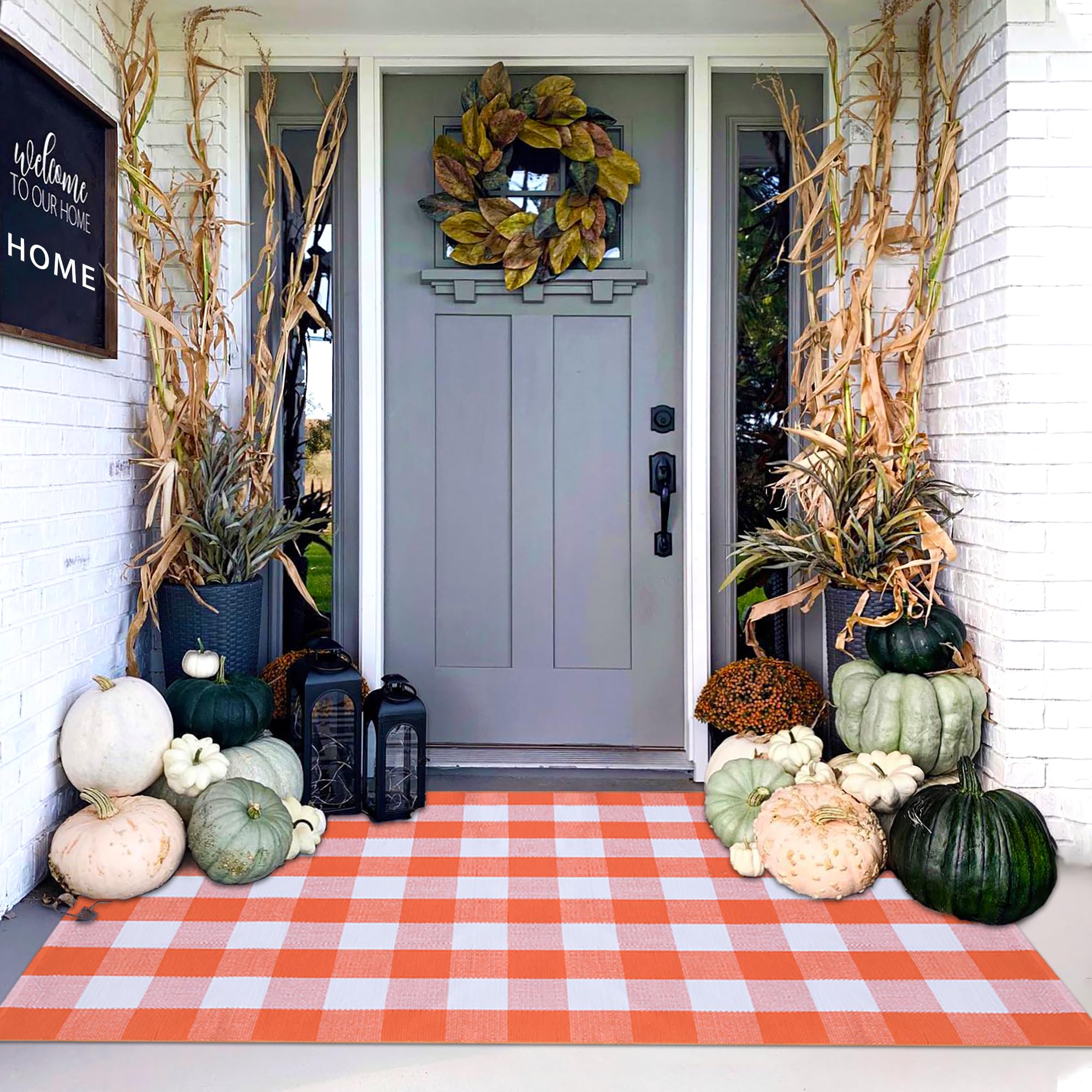 Orange and Black Plaid Rug, 28'' x 43'' Fall Outdoor Front Door Decor Mat, Cotton Washable Hand-Woven Rug for Layered Doormat, Autumn Halloween Thanksgiving Carpet for Porch, Entryway