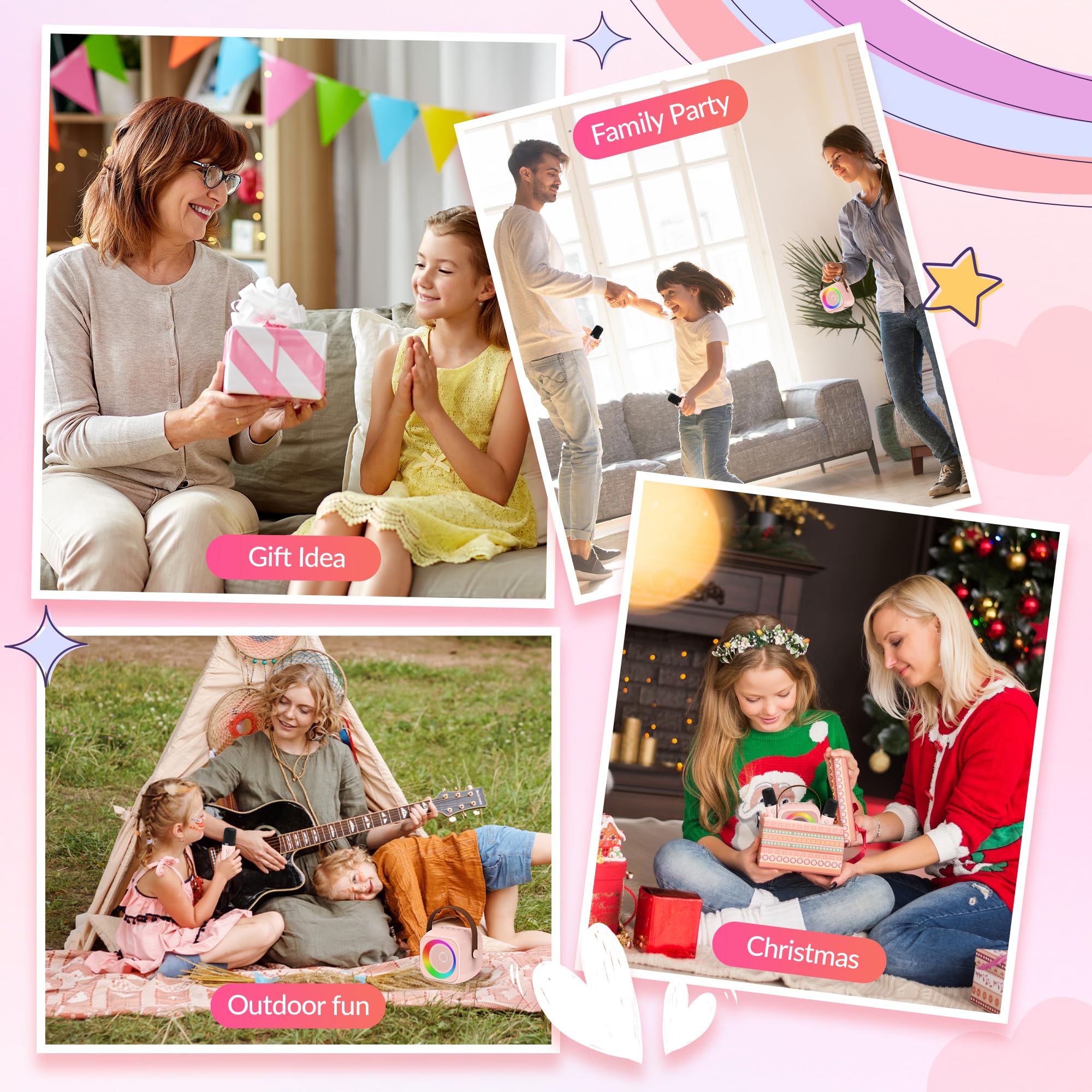 Mini Karaoke Machine, Portable Bluetooth Karaoke Speaker with 2 Wireless Microphones and Party Lights for Kids and Adults, Birthday Gifts for Girls Boys Family Home Party