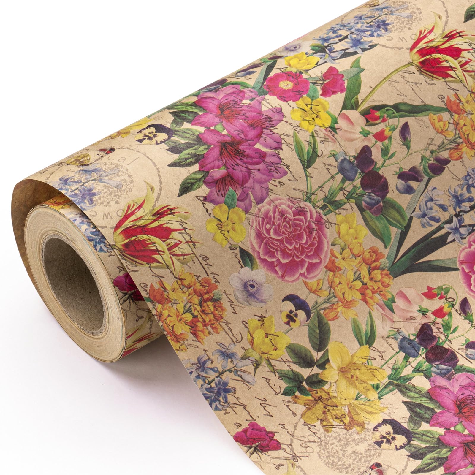 WRAPAHOLIC Kraft Floral Wrapping Paper Roll - Mini Roll - 17 Inch x 9.8 Feet - Spring Summer Garden Flower Design Perfect for Wedding, Bridal Shower, Birthday