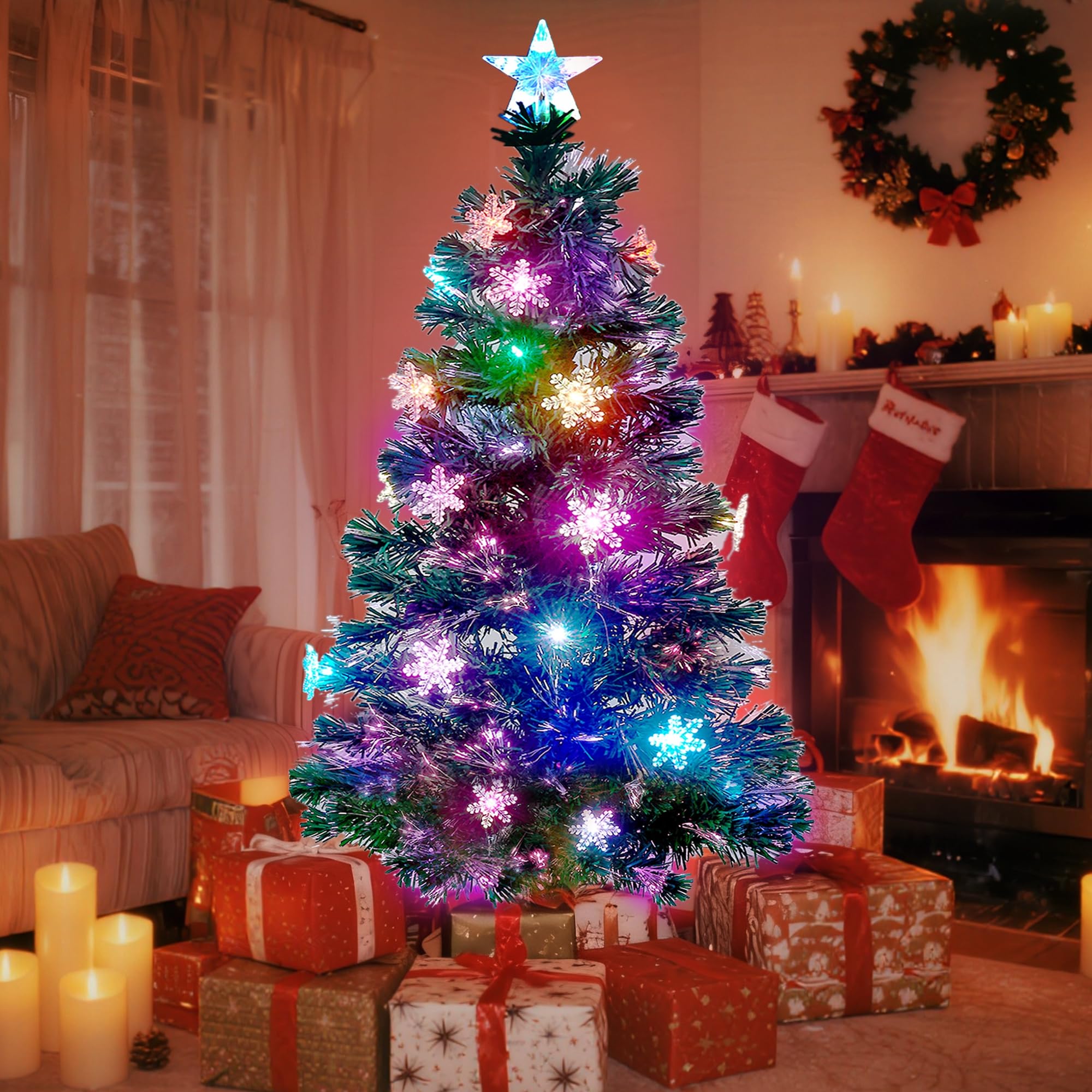 Prsildan 4 FT Artificial Christmas Tree, Pre-Lit Optical Fiber Xmas Trees with Multicolor LED Lights, Snowflakes & Top Star, Lighted Christmas Tree Holiday Home Decor