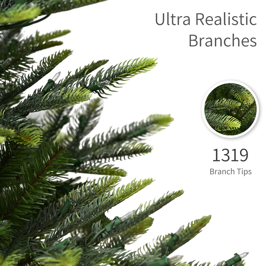 Puleo International 7.5ft Pre-Lit Aspen Fir Artificial Christmas Tree with 700 Clear Lights, 1319 Realistic Dense Branch Tips, Easy Setup Artificial Trees with Sturdy Metal Stand